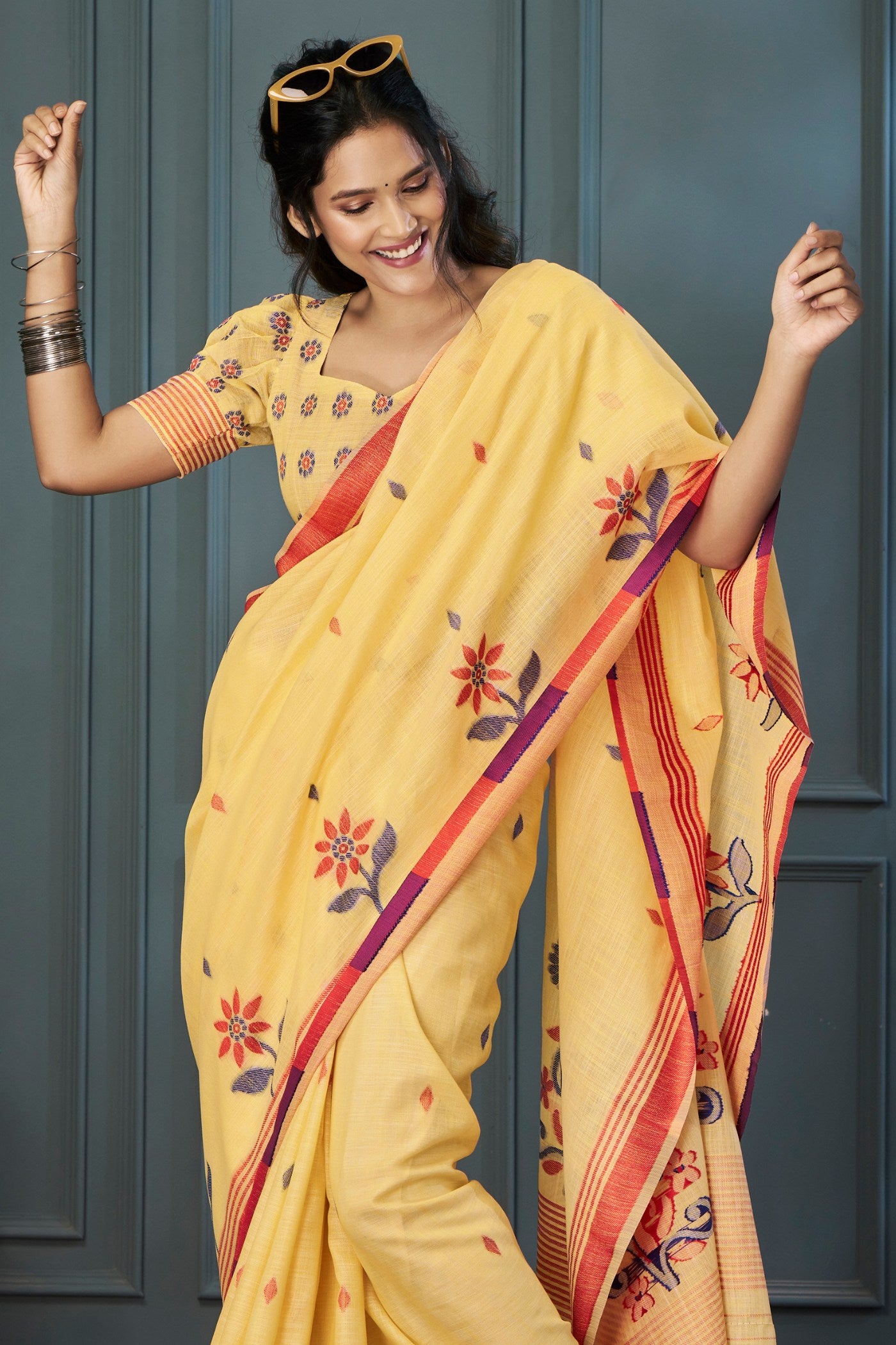 Buy MySilkLove Sunset Pearl Yellow Handloom Linen Saree Online