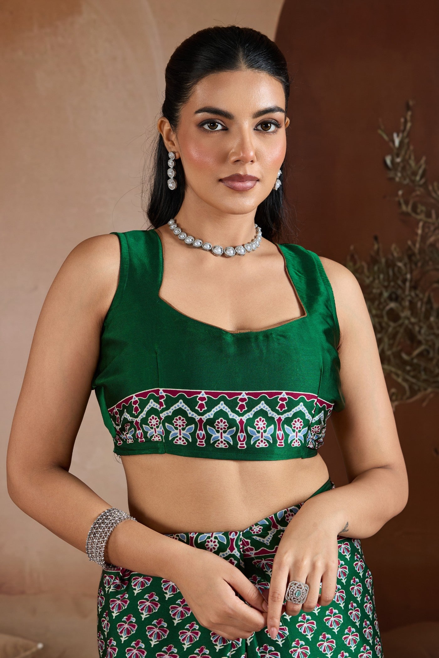 Buy MySilkLove Jungle Green Ajrakh Printed Satin Crepe Silk Saree Online