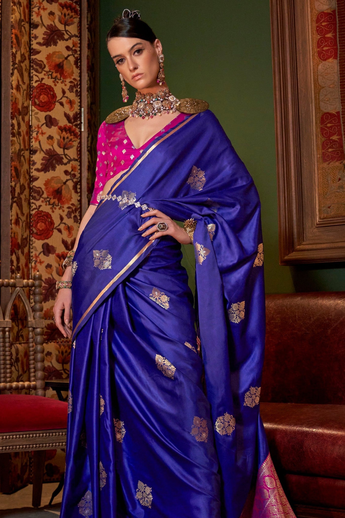 Buy MySilkLove Royal Blue Banarasi Satin Saree Online