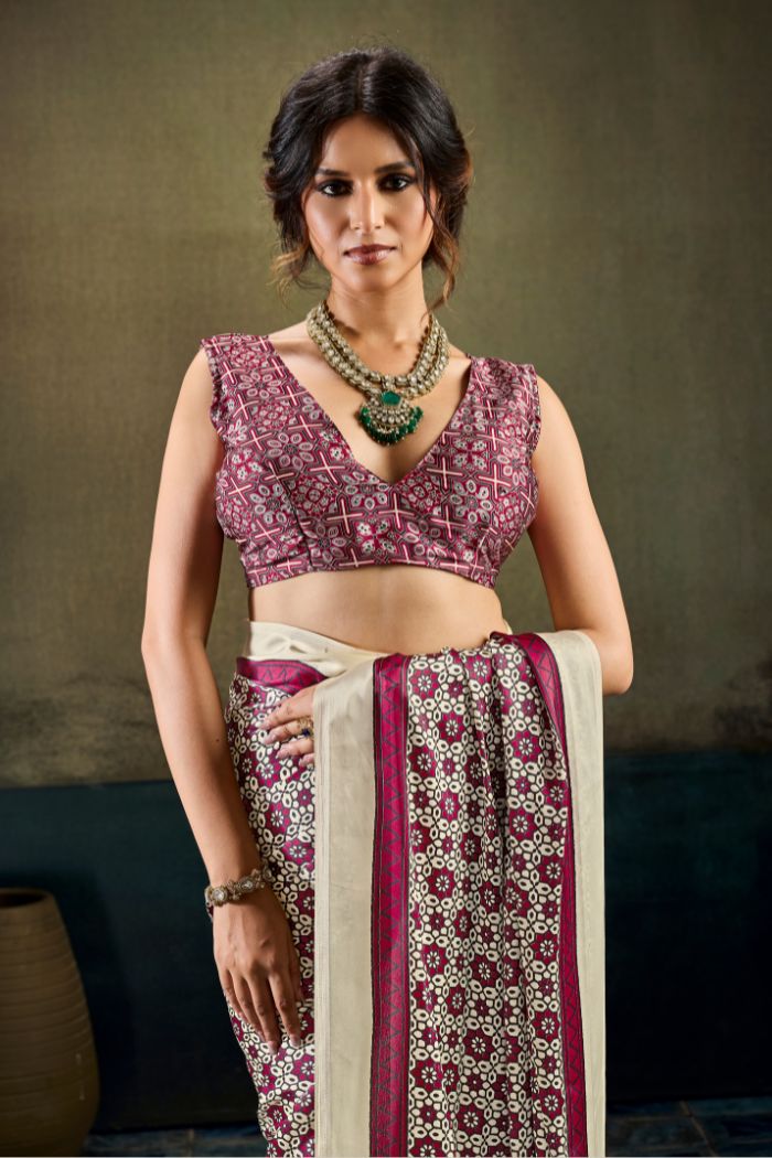 Buy MySilkLove Salt Cream and Maroon Modal Ajrakh Satin Printed Silk Saree Online