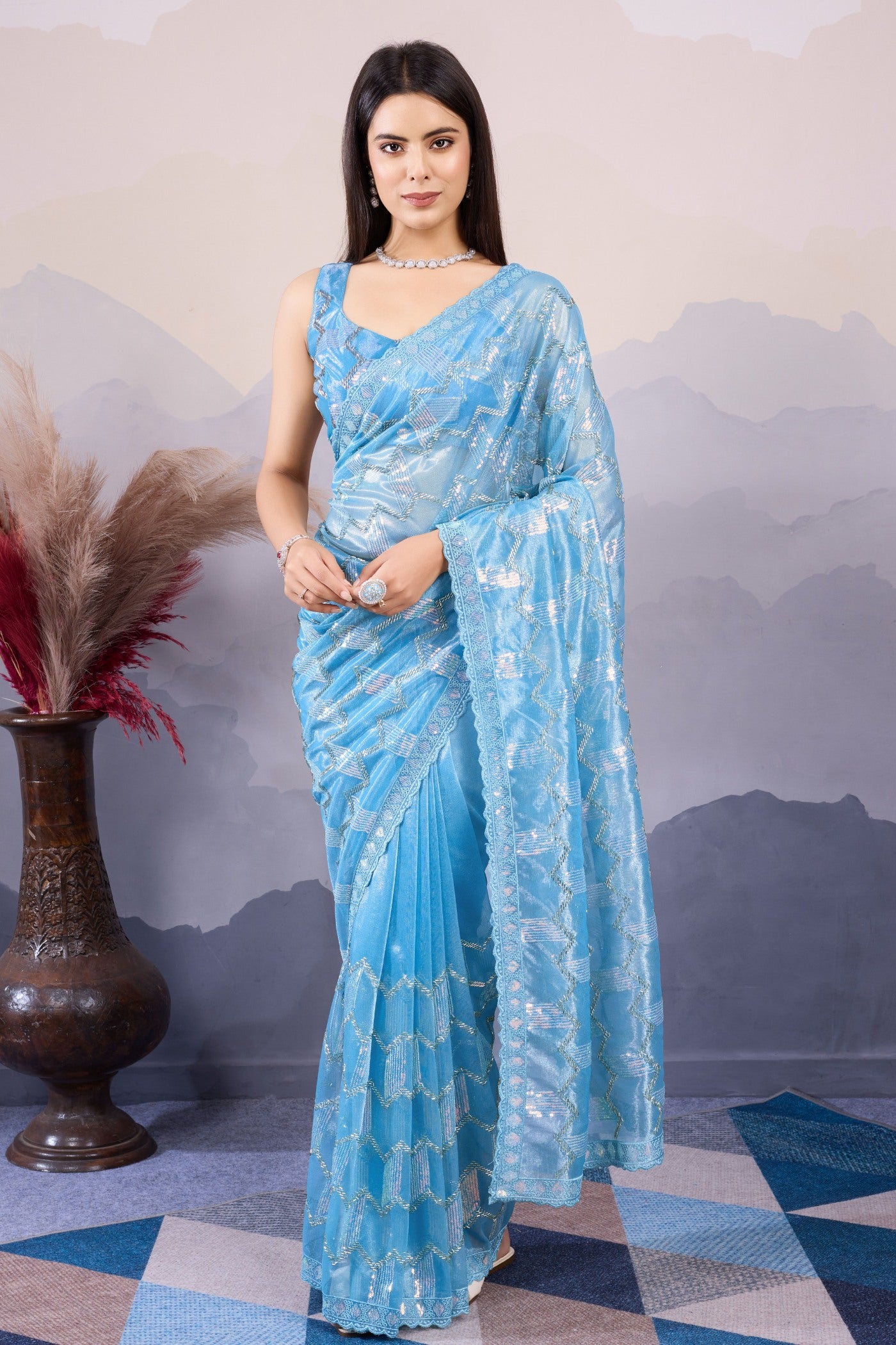 Buy MySilkLove Cornflower Blue Designer Partywear Saree Online