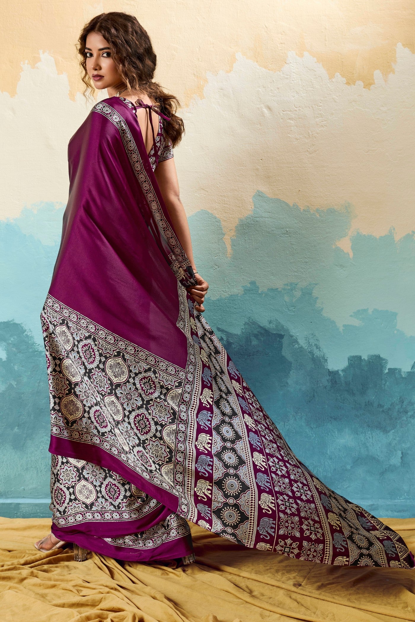 Buy MySilkLove Taco Purple Modal Ajrakh Satin Printed Silk Saree Online