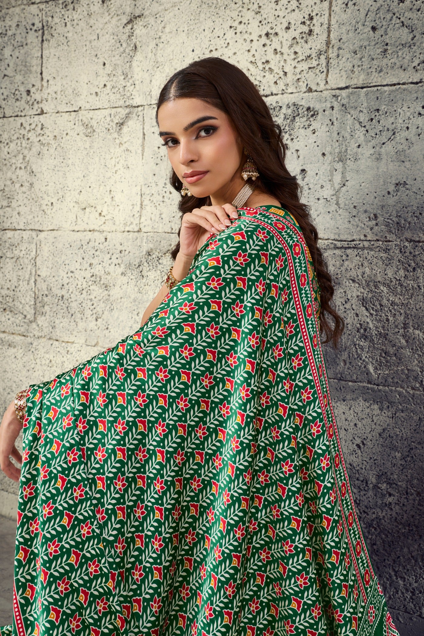 Buy MySilkLove Myrtle Green Modal Ajrakh Satin Printed Silk Saree Online