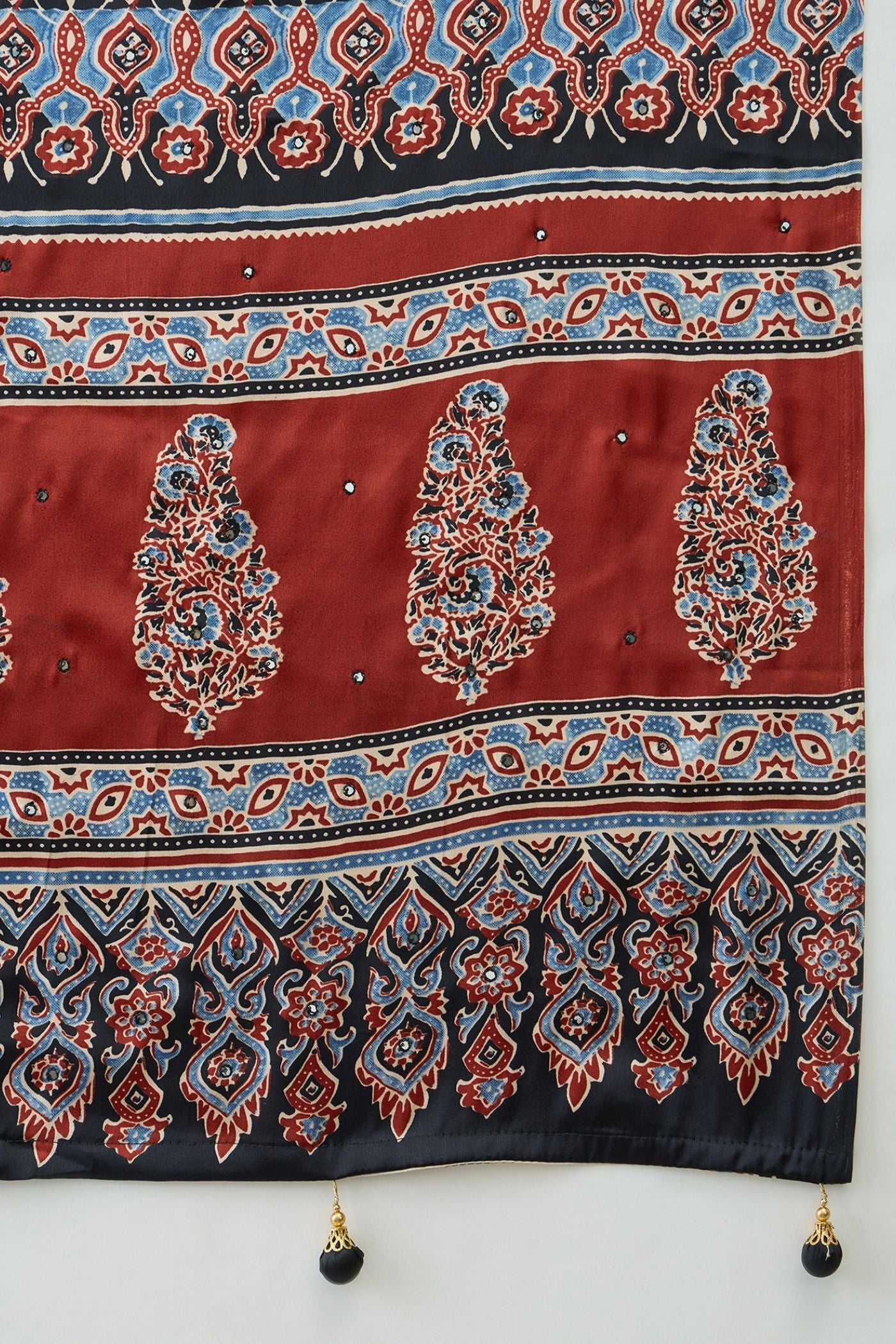 Buy MySilkLove Jet Black and Red Modal Ajrakh Satin Printed Silk Saree Online