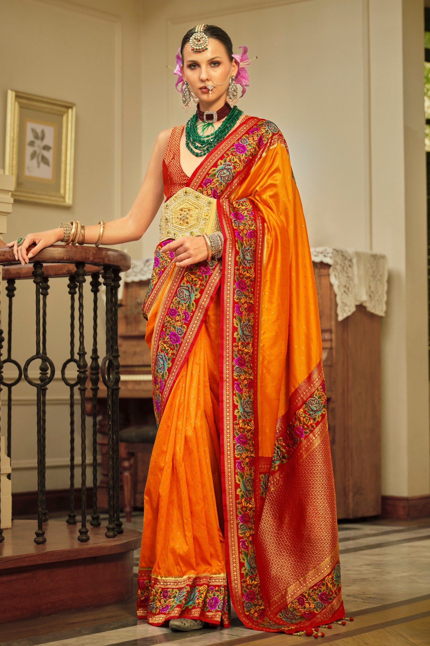 Buy MySilkLove Clementine Orange Printed Banarasi Saree Online