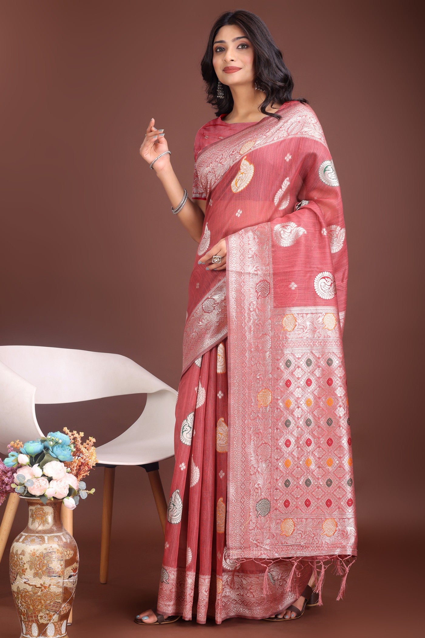 Buy MySilkLove Warm Peach Linen Cotton Saree Online