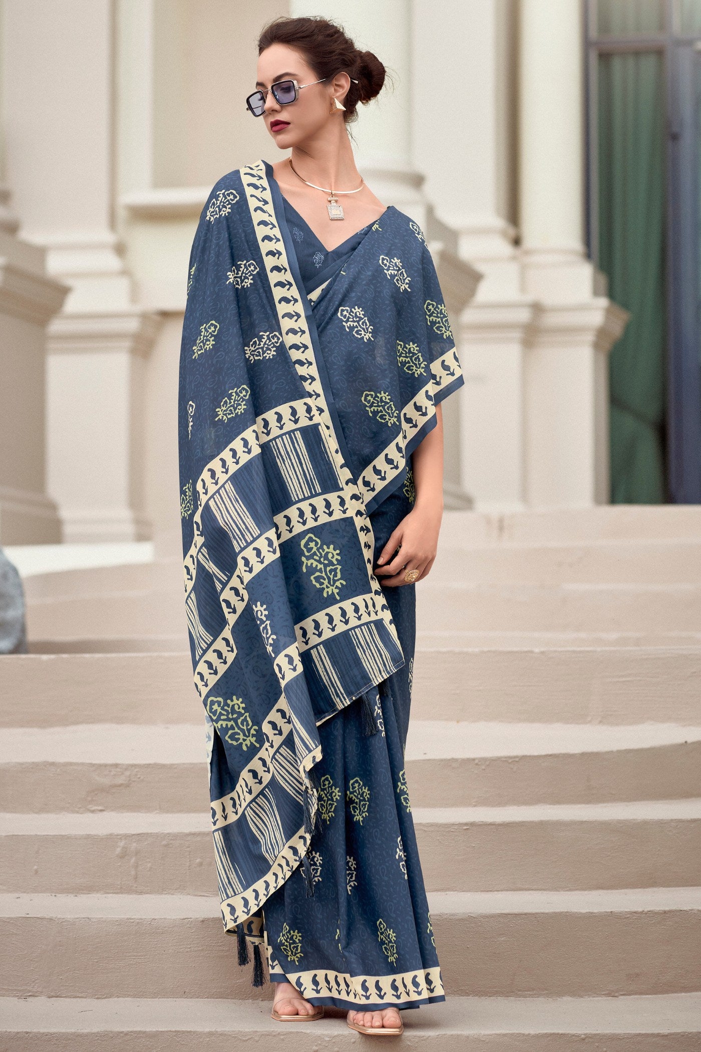 Buy MySilkLove Fiord Blue Mul Mul Cotton Saree Online