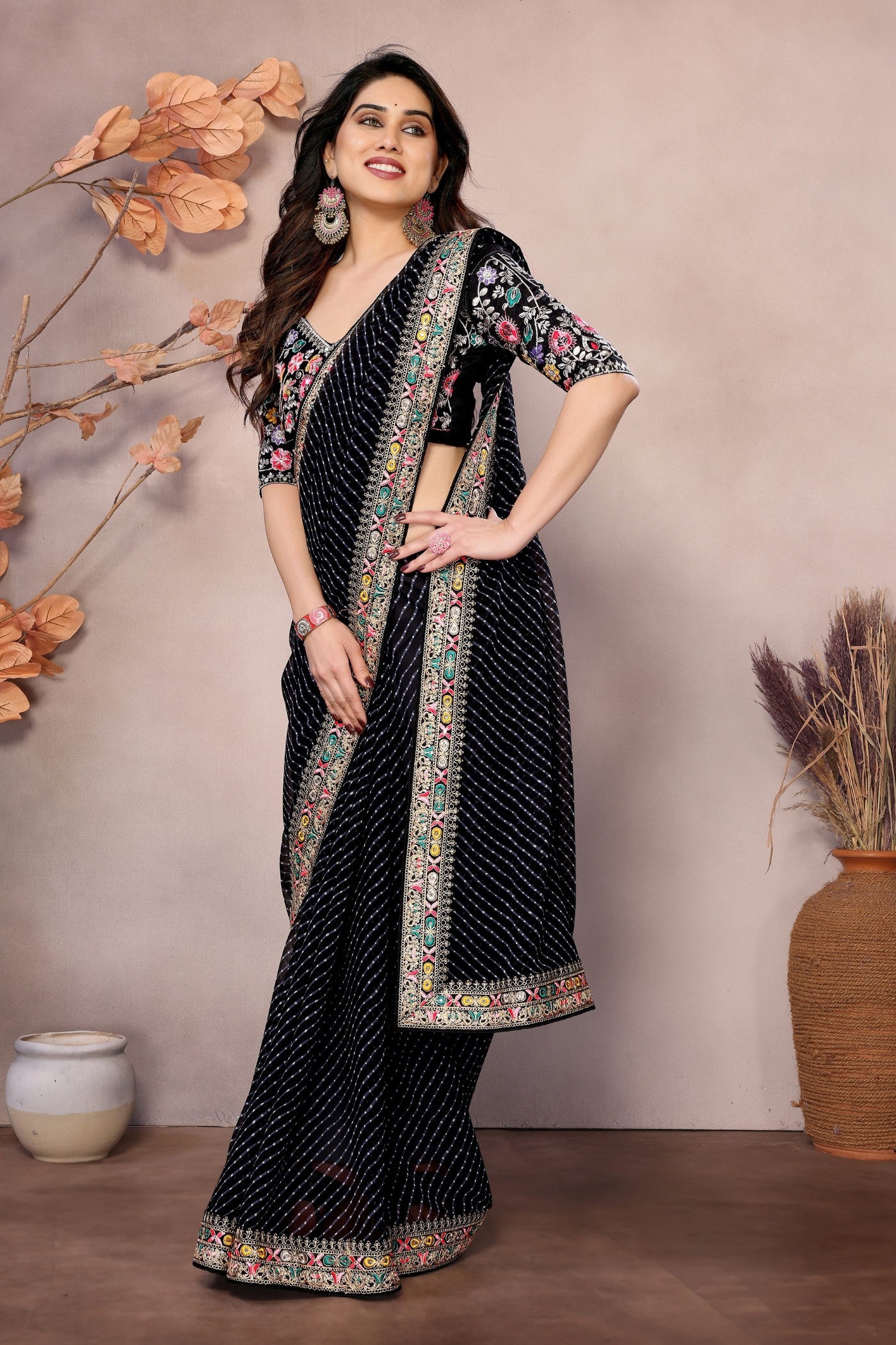 Buy MySilkLove Black Bean Georgette Designer Partywear Saree Online