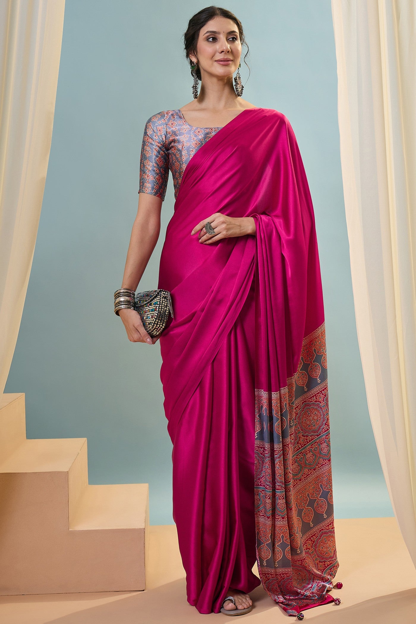 Buy MySilkLove Moonhex Pink Ajrakh Printed Satin Crepe Silk Saree Online