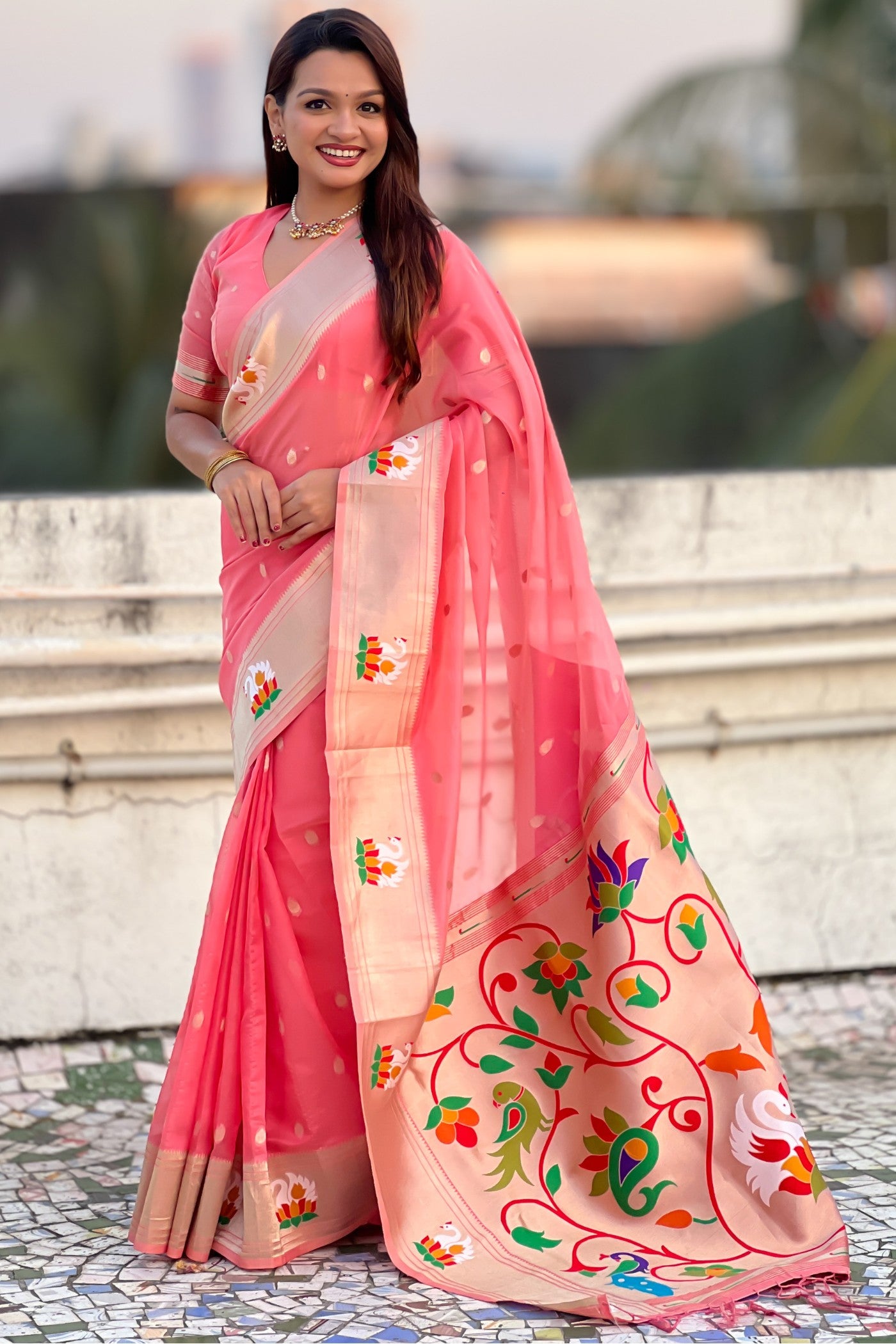 Buy MySilkLove Coral Pink Organza Woven Paithani Saree Online