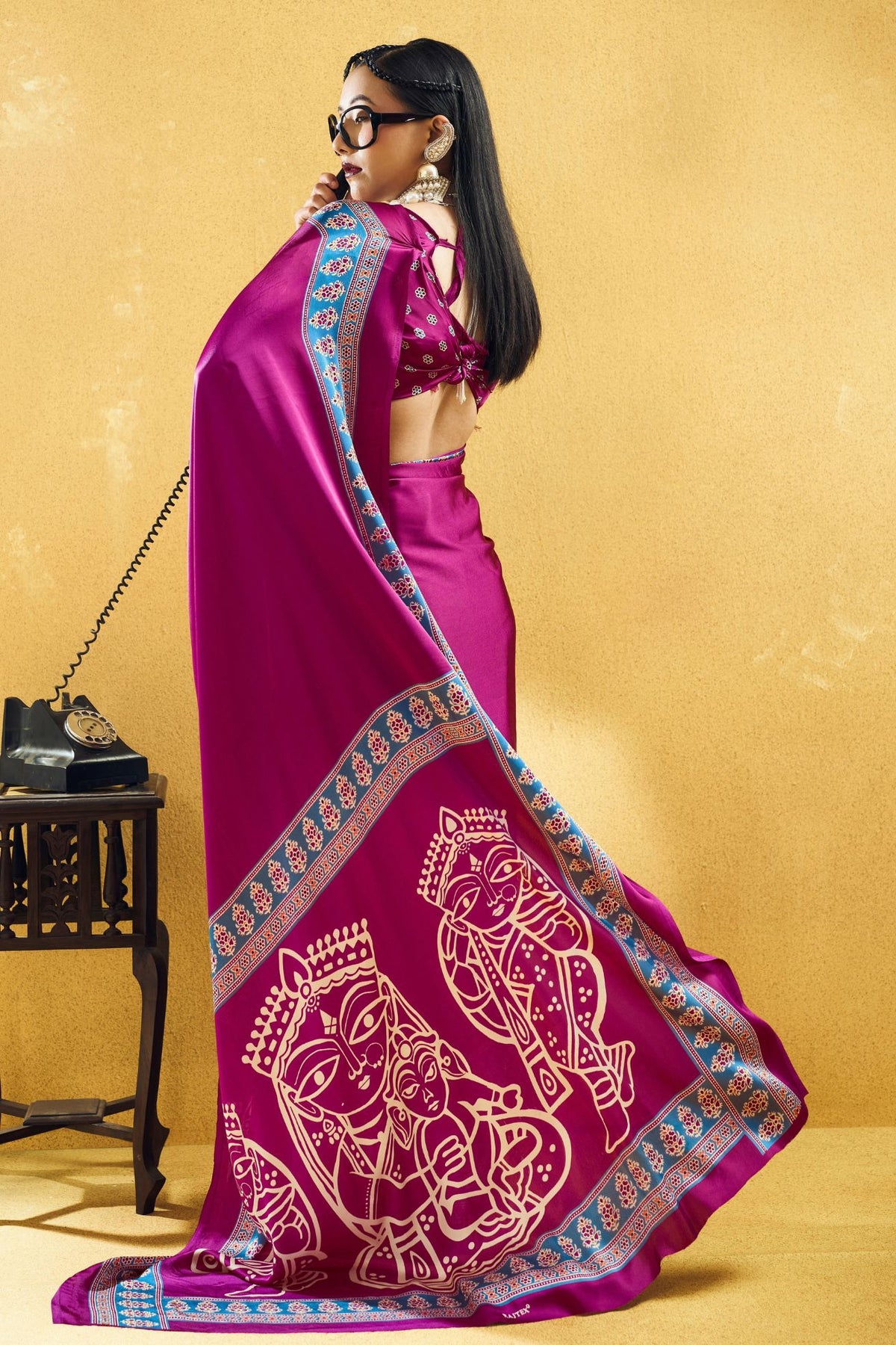 Buy MySilkLove Plum Purple Modal Ajrakh Satin Printed Silk Saree Online