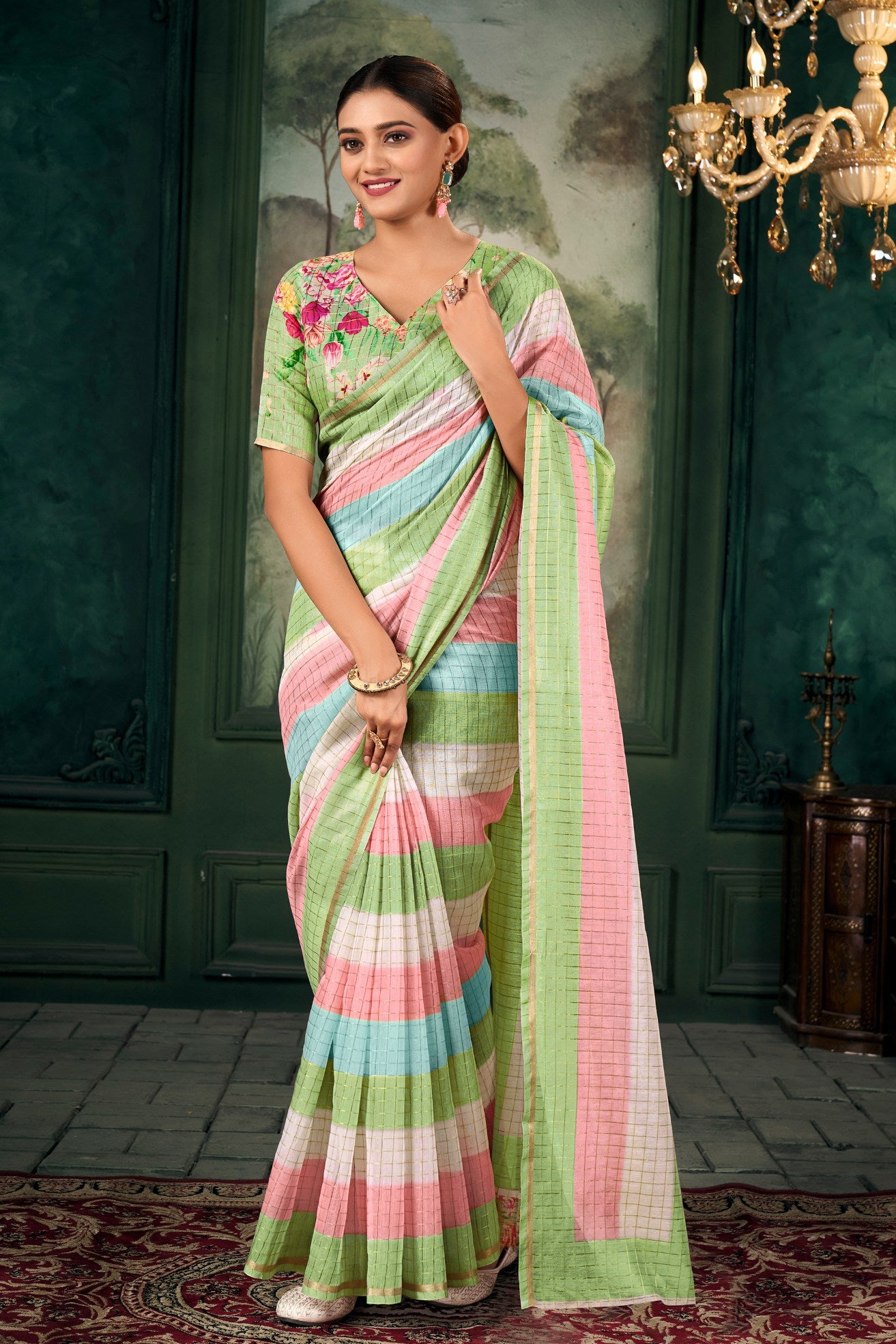 Buy MySilkLove Olivine Green Chanderi Linen Saree Online