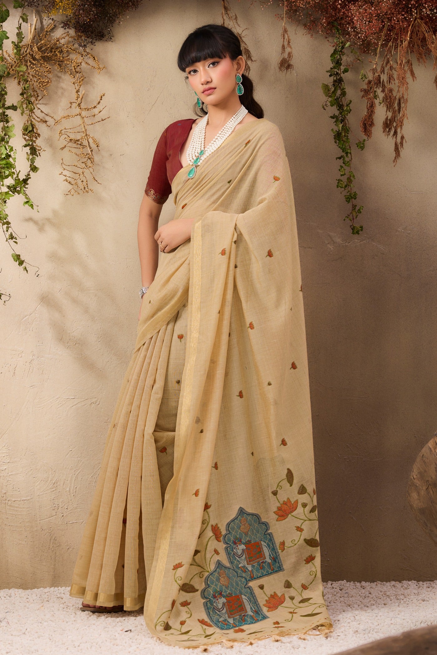 Buy MySilkLove Oyster Cream Handloom Cotton Saree Online