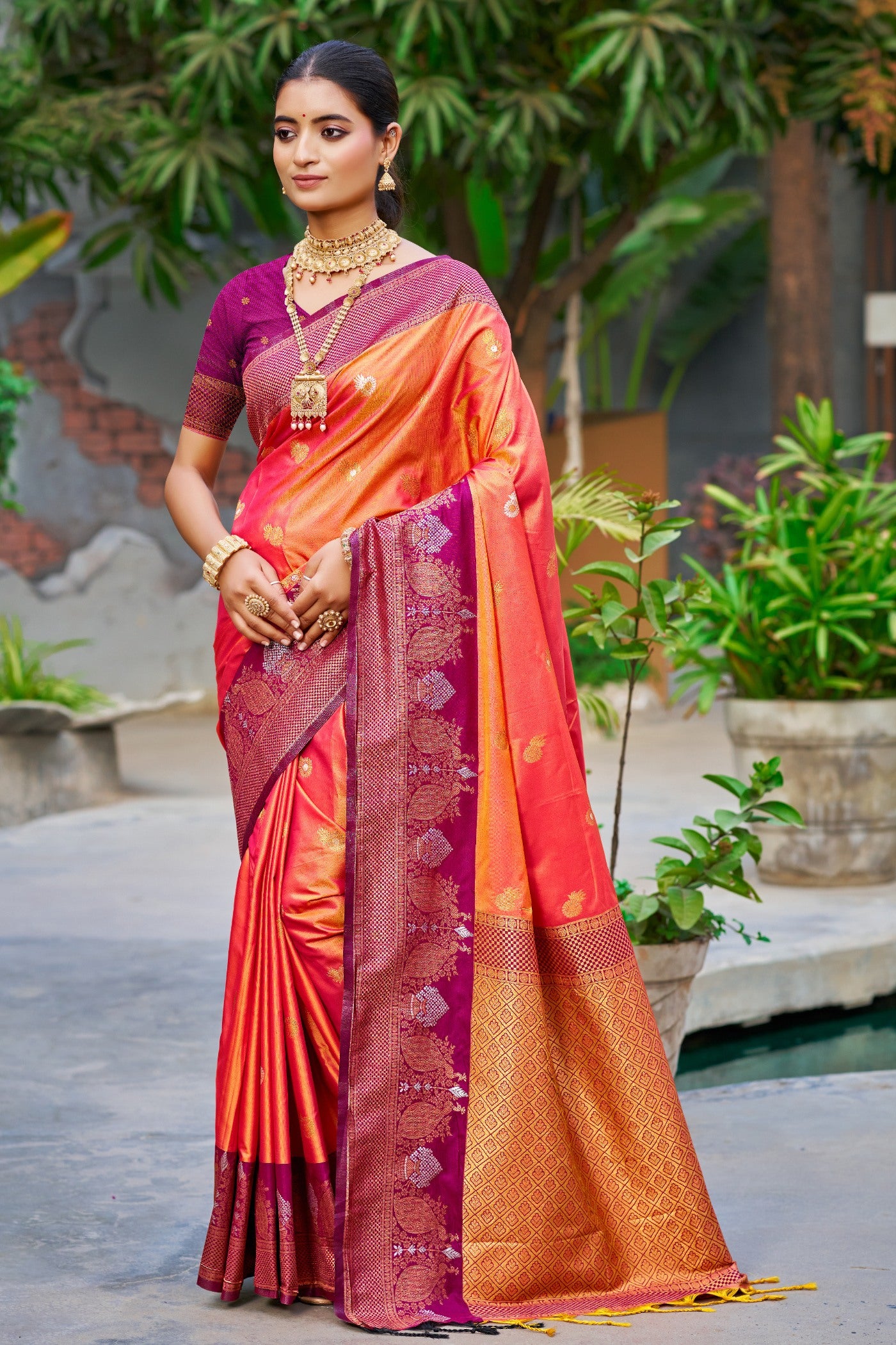 Buy MySilkLove Smashed Orange Woven Banarasi Saree Online