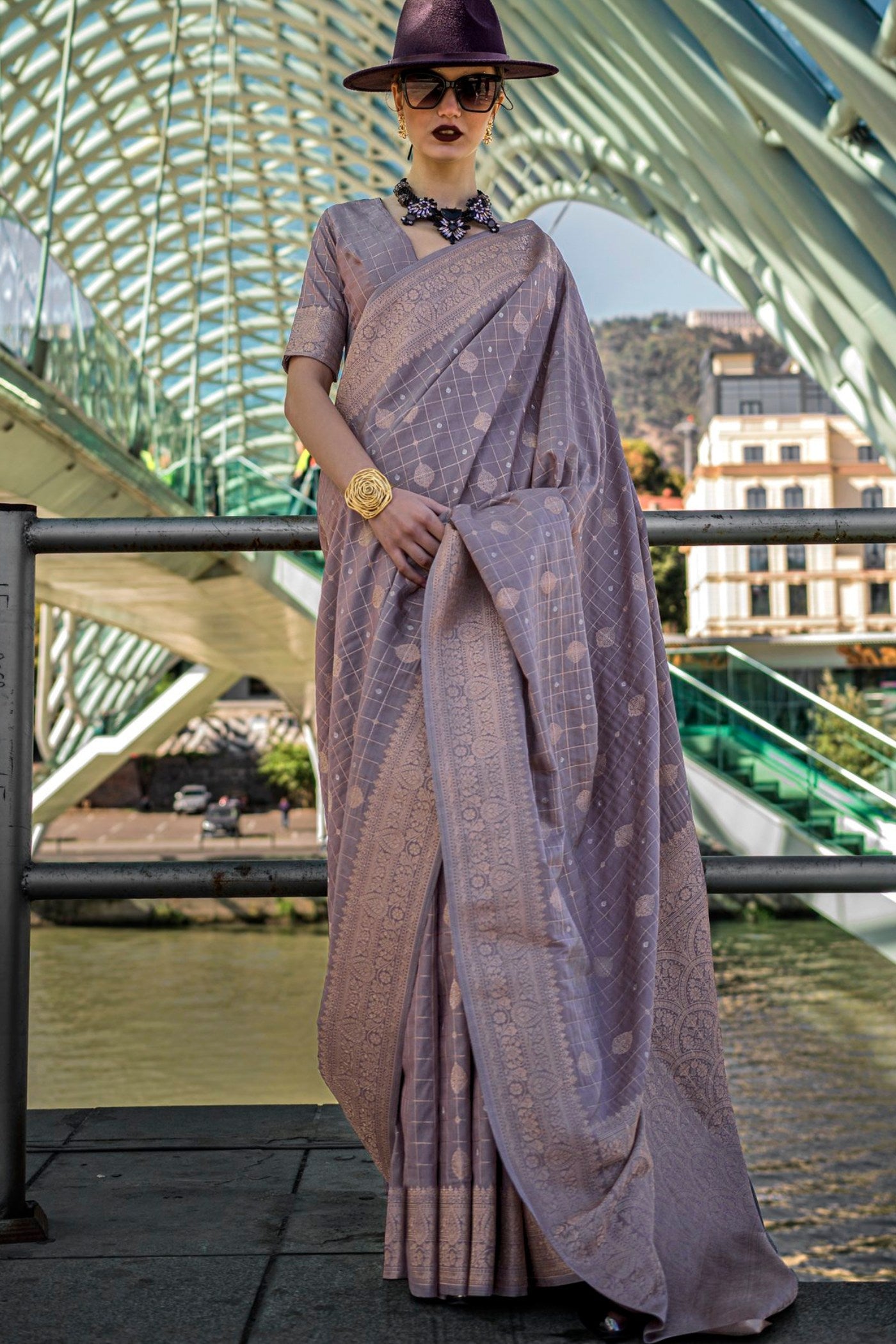 Buy MySilkLove Mamba Purple and Grey Banarasi Handloom Saree Online