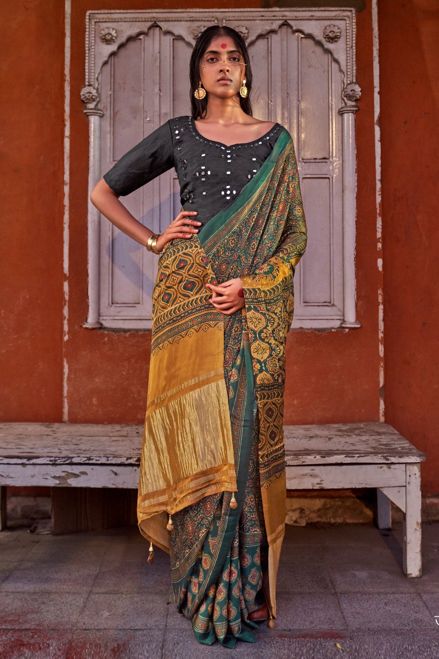 Buy MySilkLove Lime Green and Yellow Ajrakh Handprinted Satin Saree Online