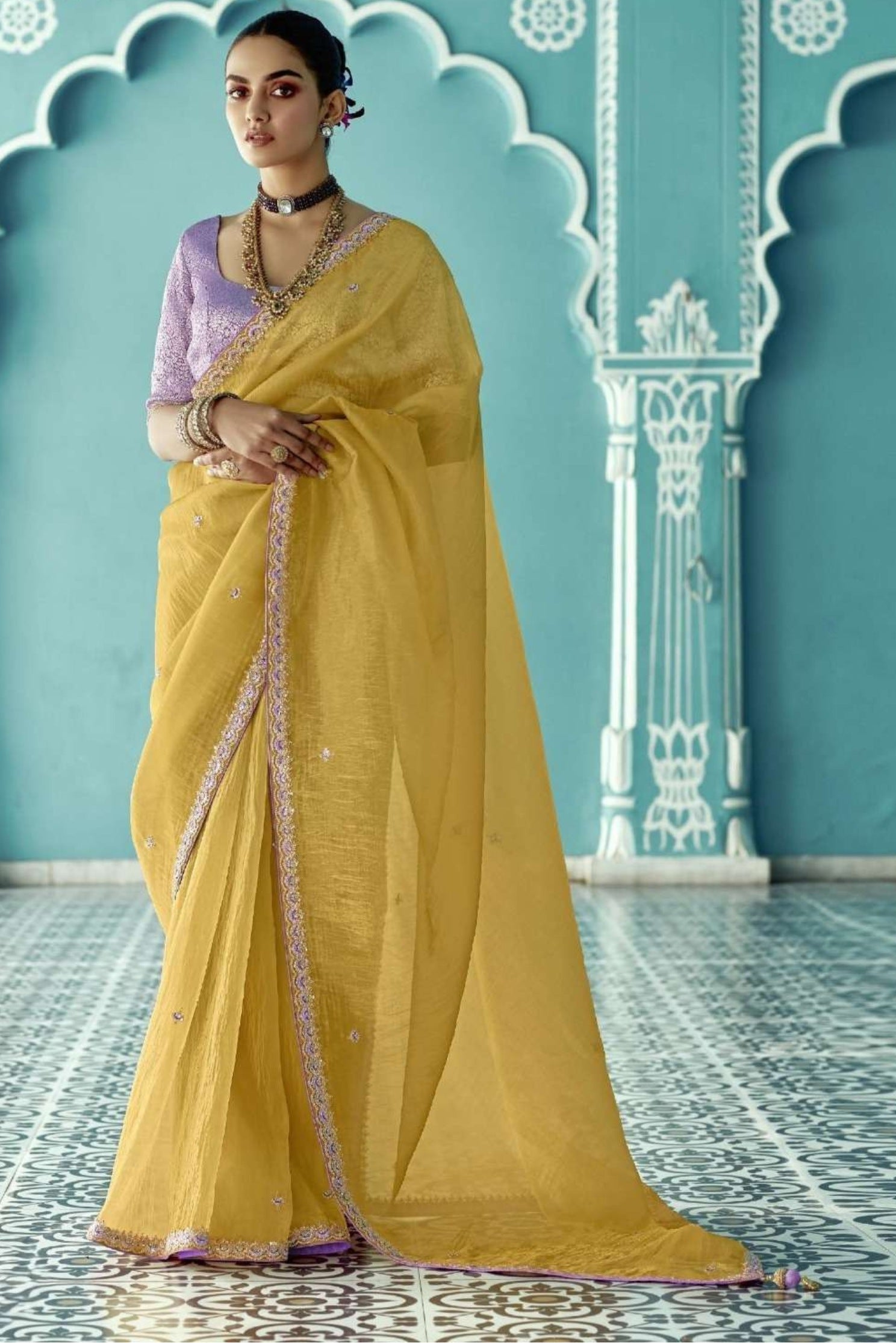 Buy MySilkLove Husk Yellow Embroidered Tissue Designer Saree Online