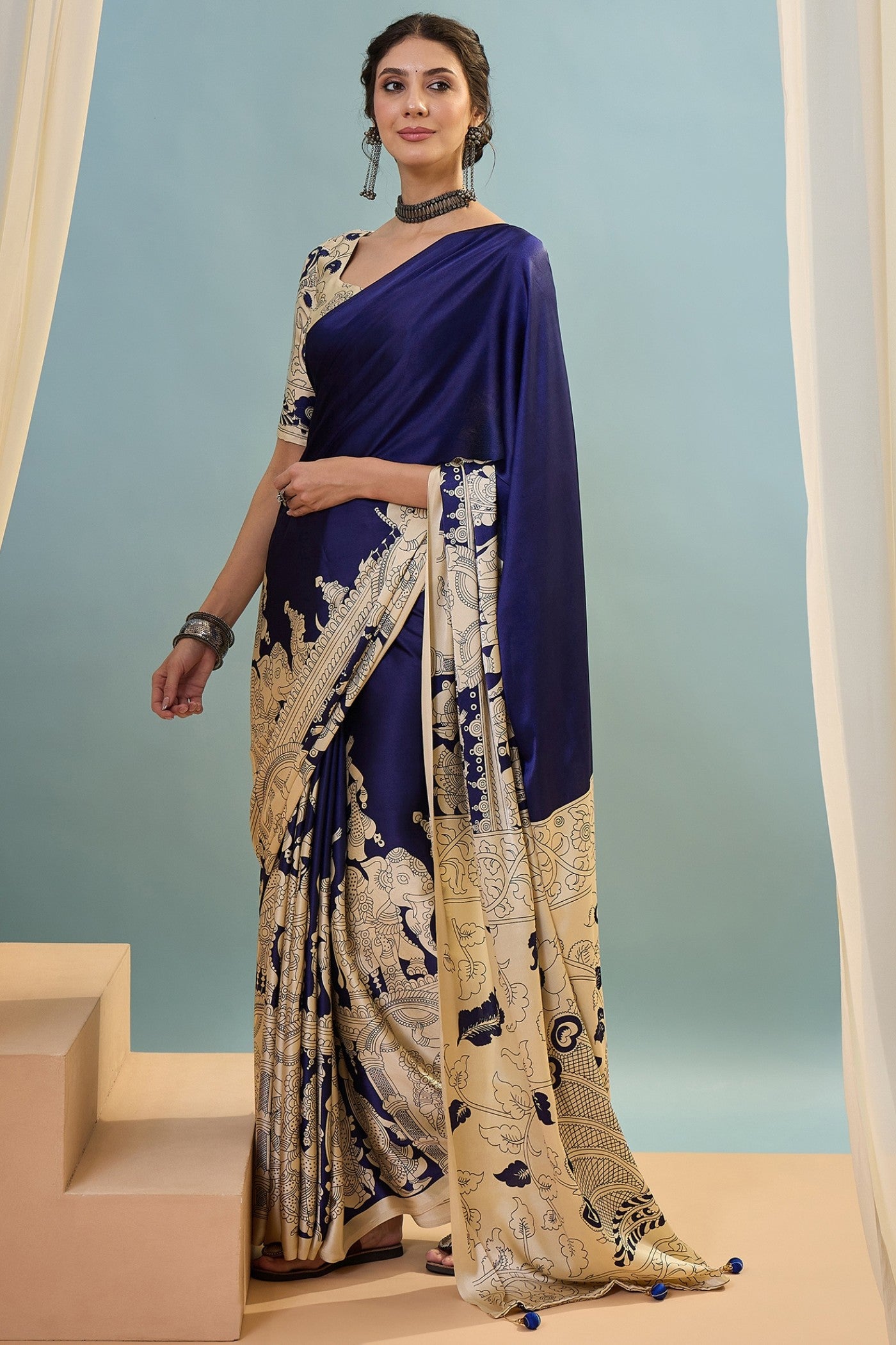 Buy MySilkLove Air Blue Ajrakh Printed Satin Crepe Silk Saree Online