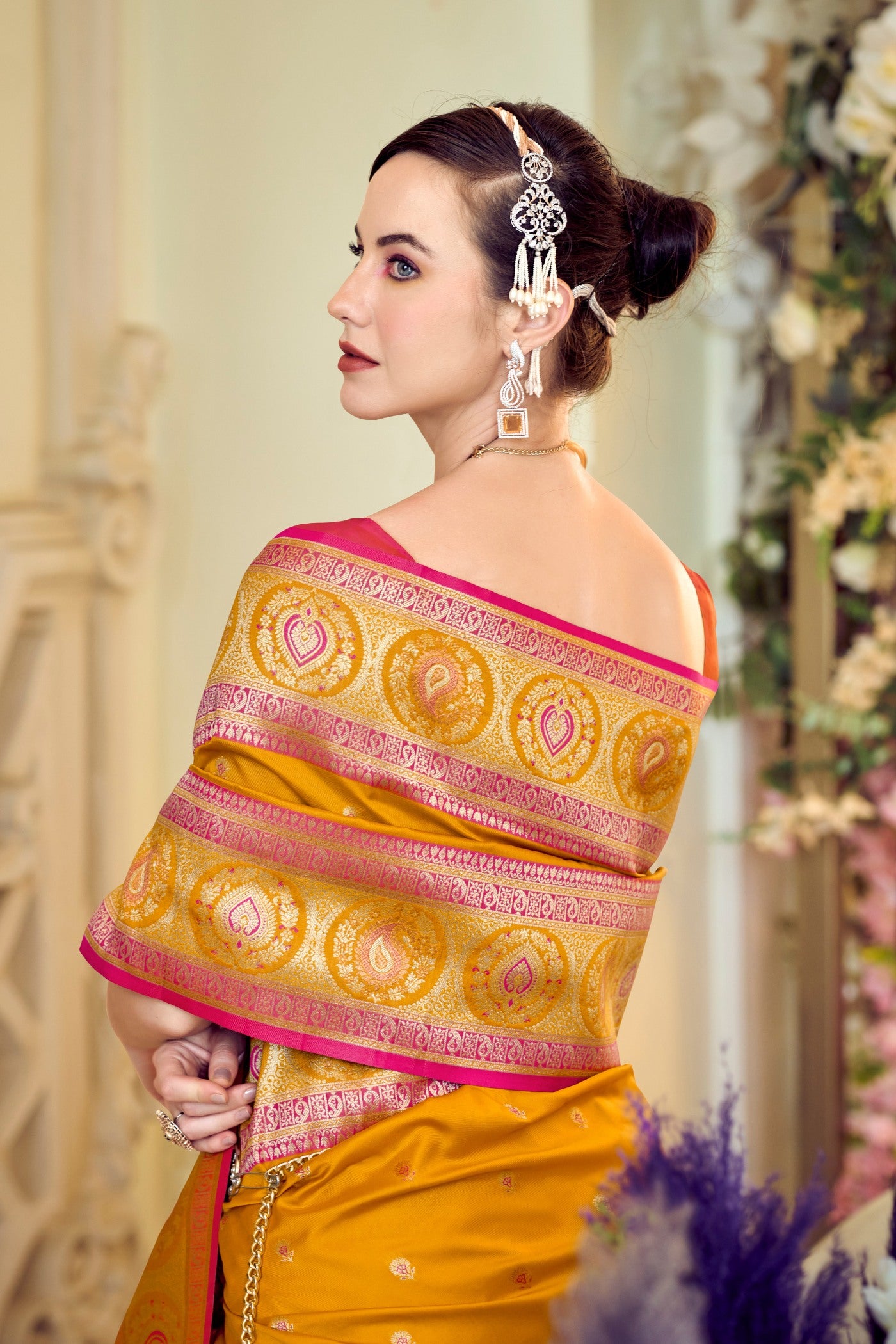 Buy MySilkLove Fire Bush Yellow Woven Banarasi Soft Silk Saree Online