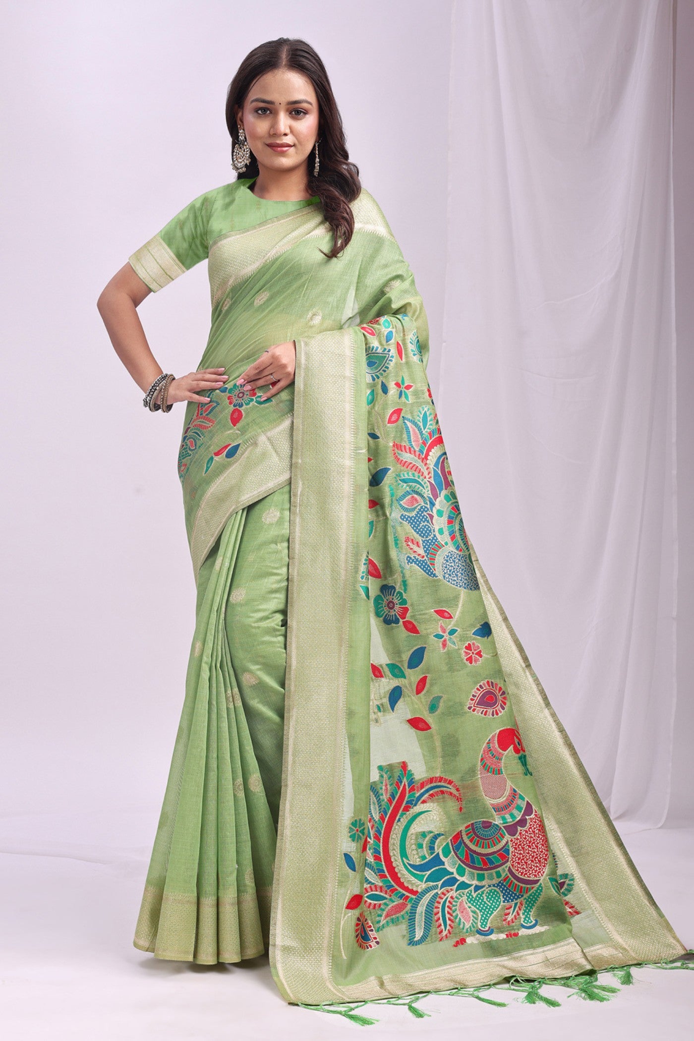 Buy MySilkLove Pistachio Green Woven Linen Cotton Saree Online