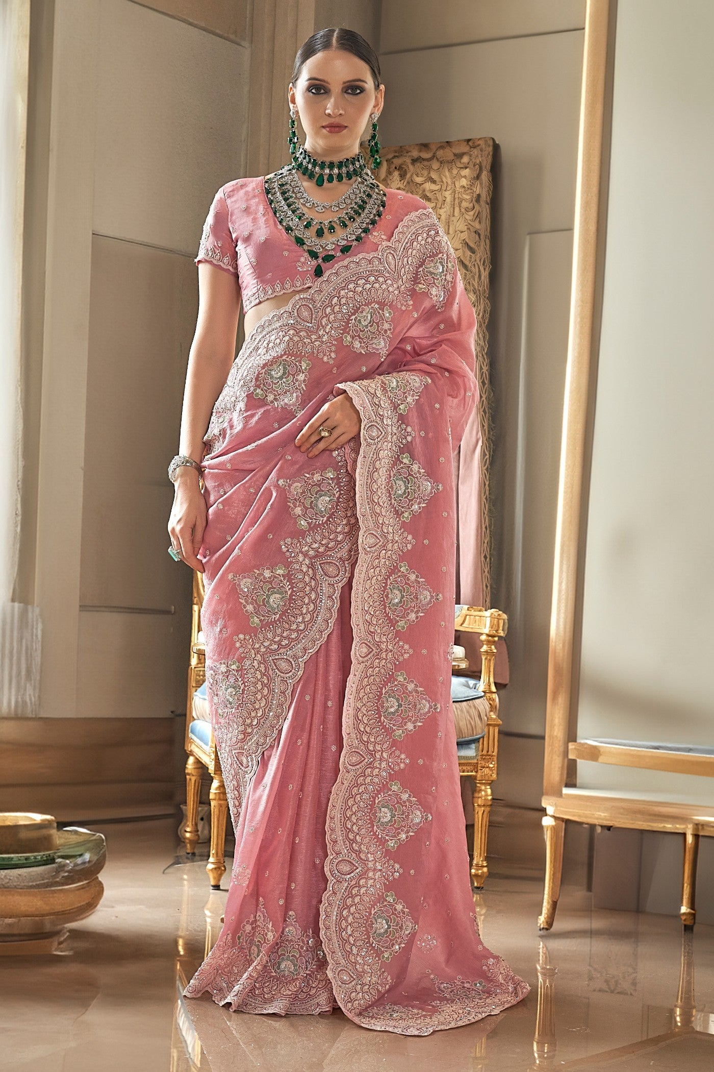 Buy MySilkLove Chestnut Pink Embroidery Designer Saree Online