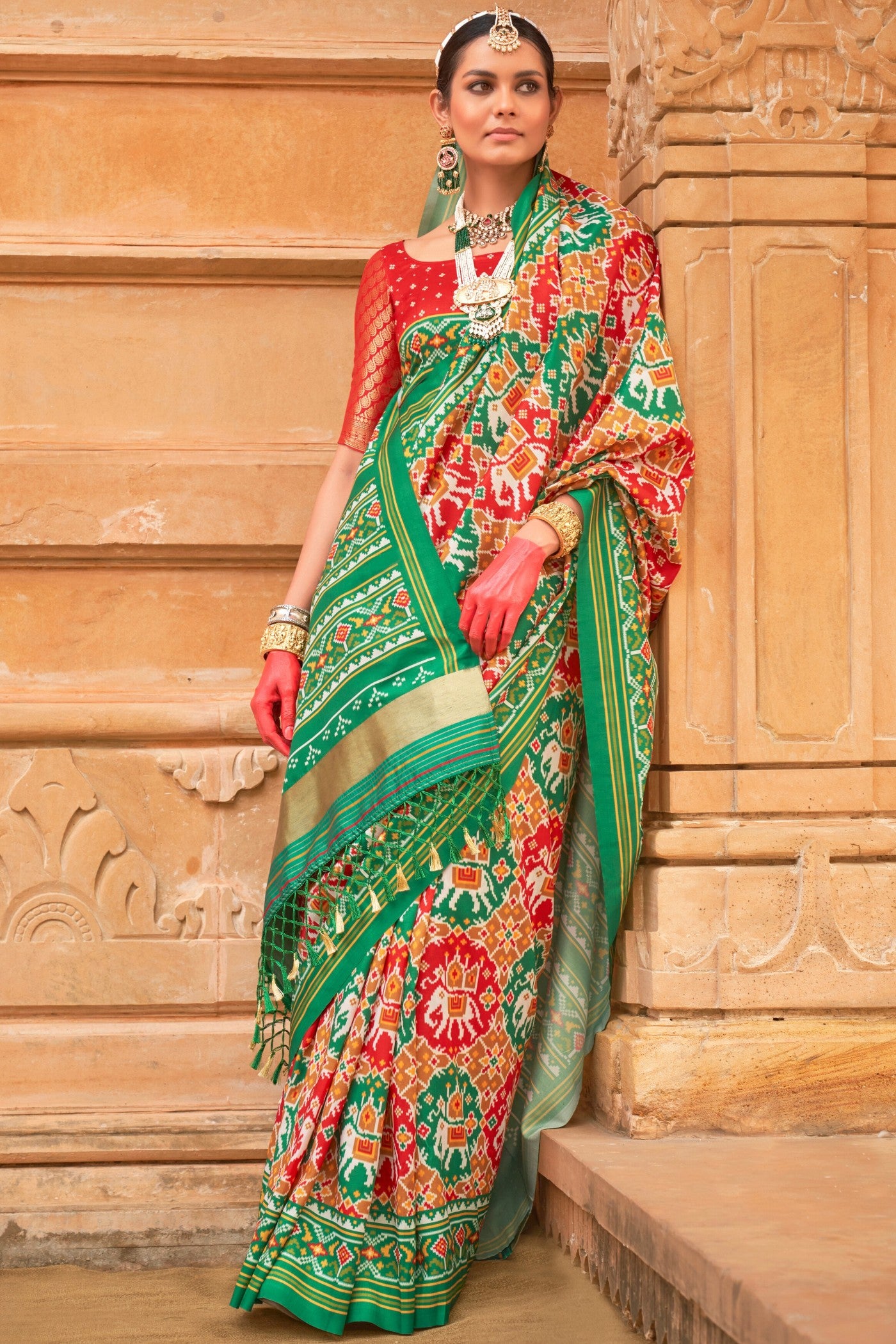 Buy MySilkLove Hippie Green Printed Patola Saree Online