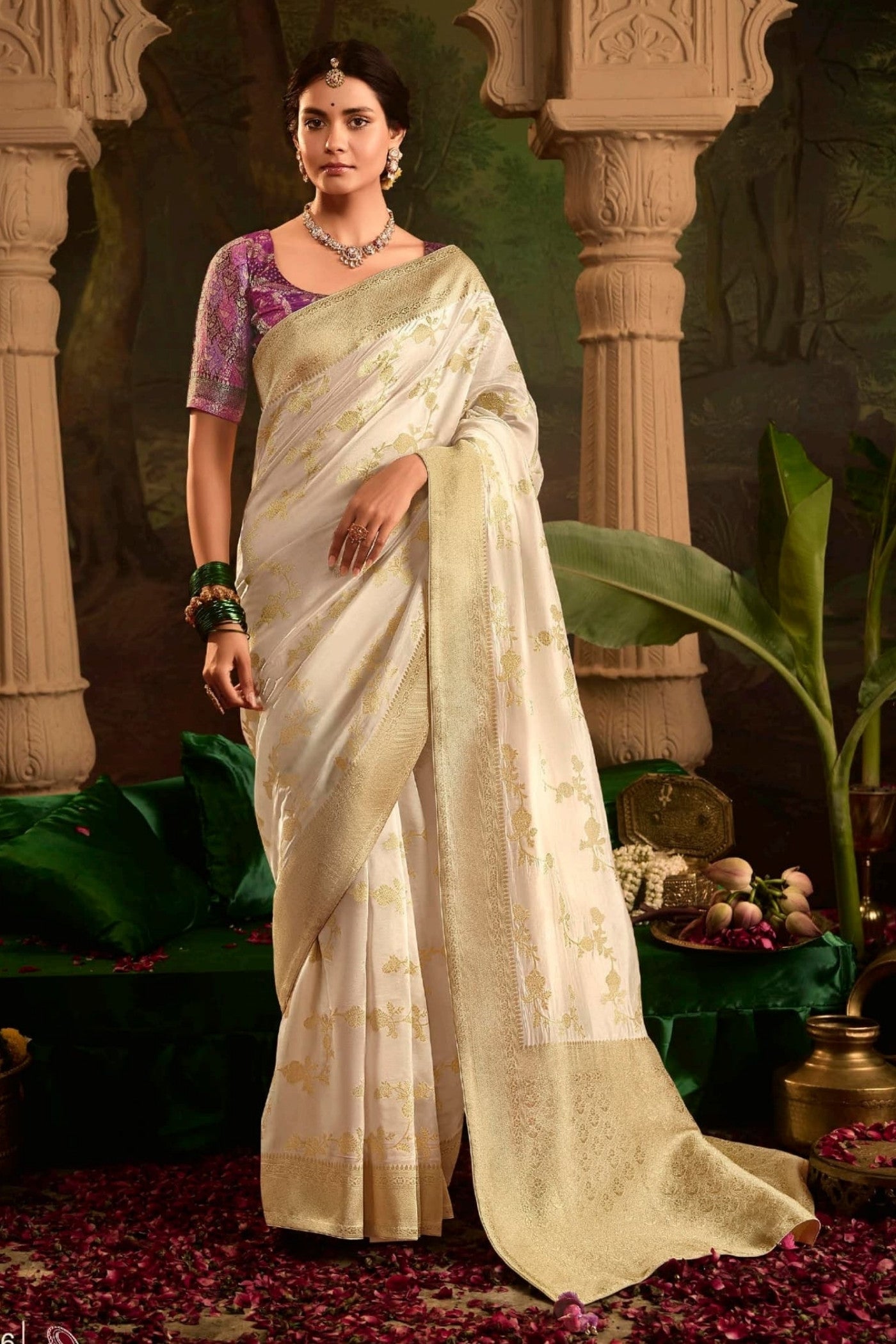 Buy MySilkLove Barley White Designer Banarasi Dola Silk Saree Online