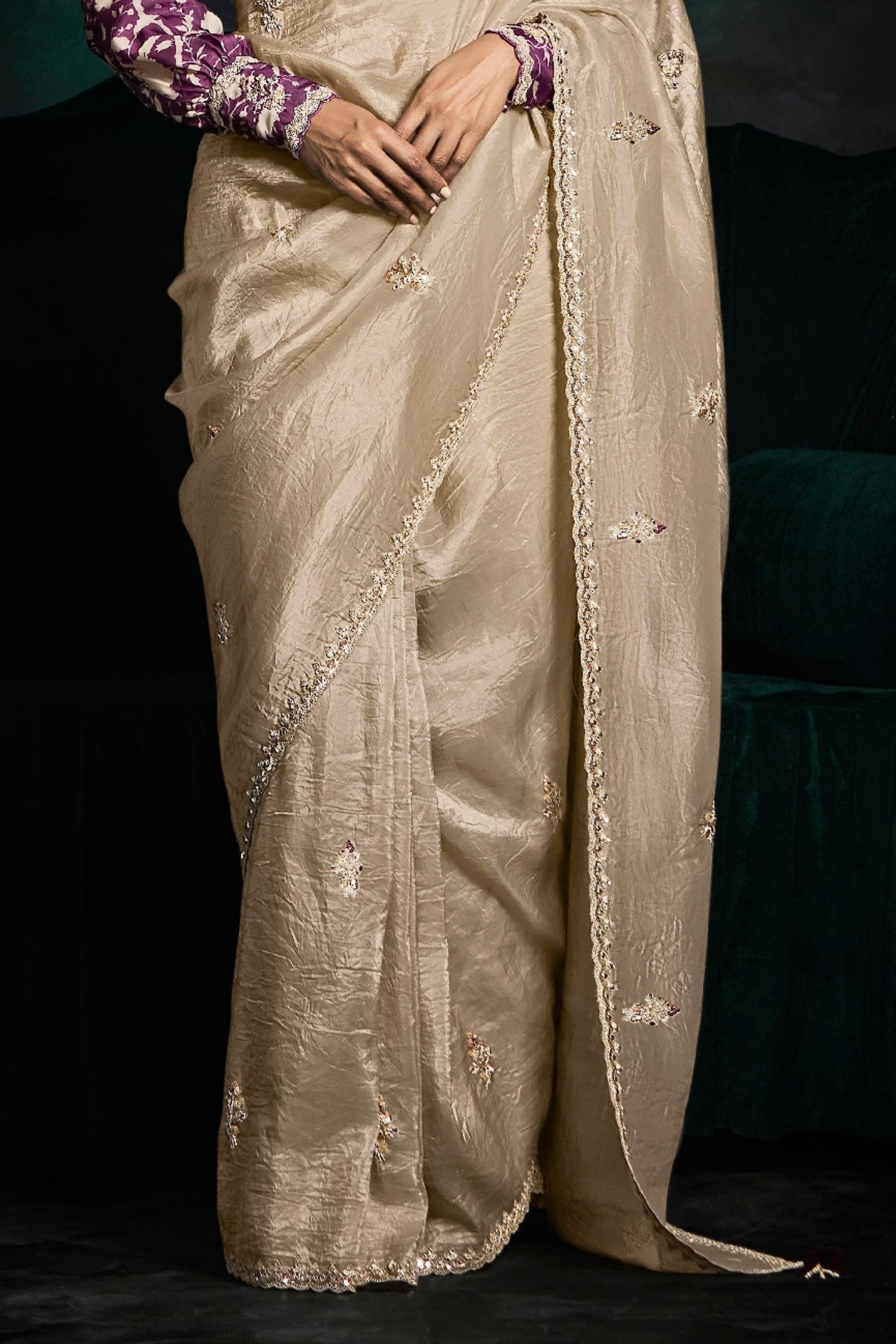 Buy MySilkLove Maize Cream Embroidered Tissue Designer Saree Online