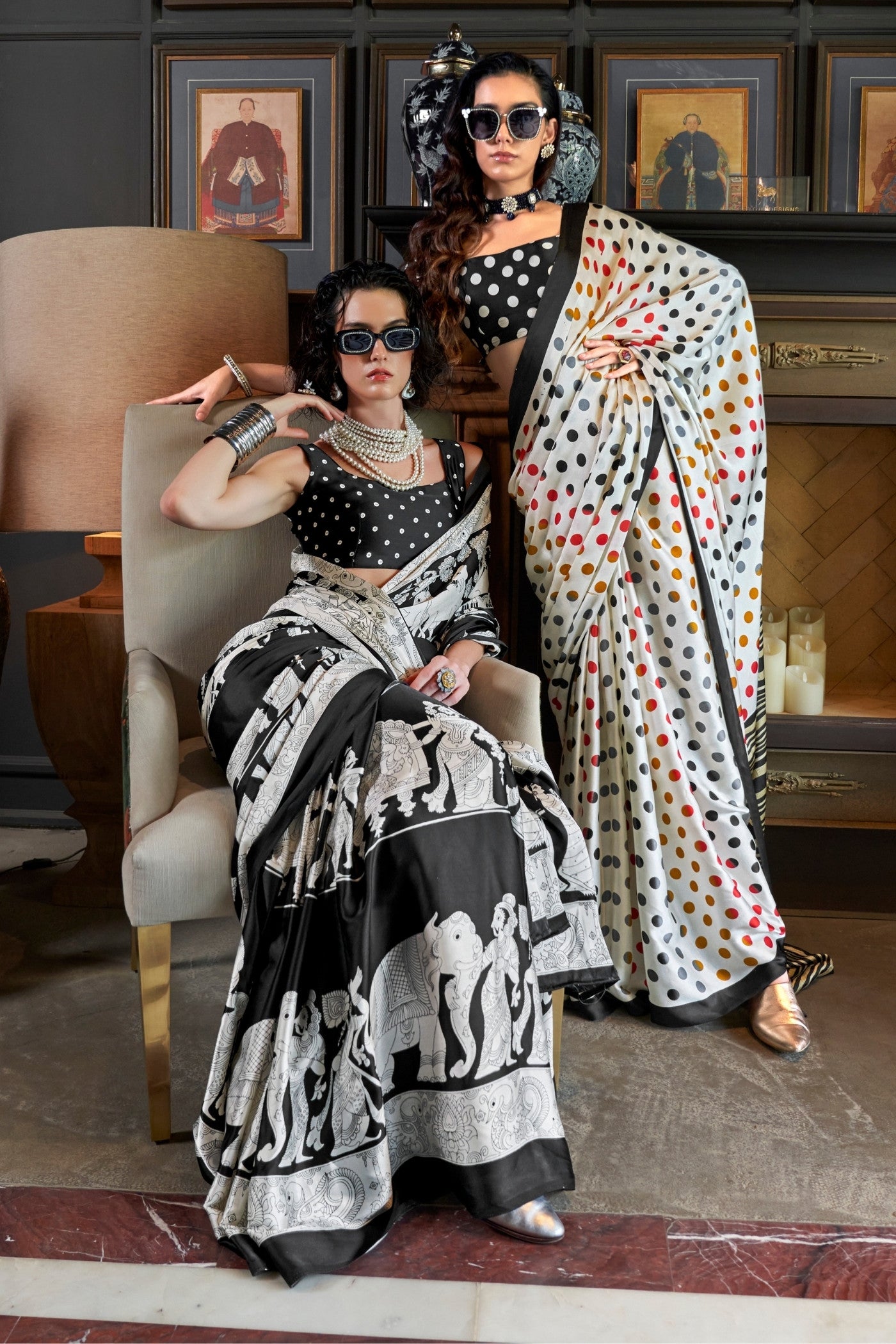 Buy MySilkLove Porcelain White and Black Patola Printed Satin Crepe Saree Online