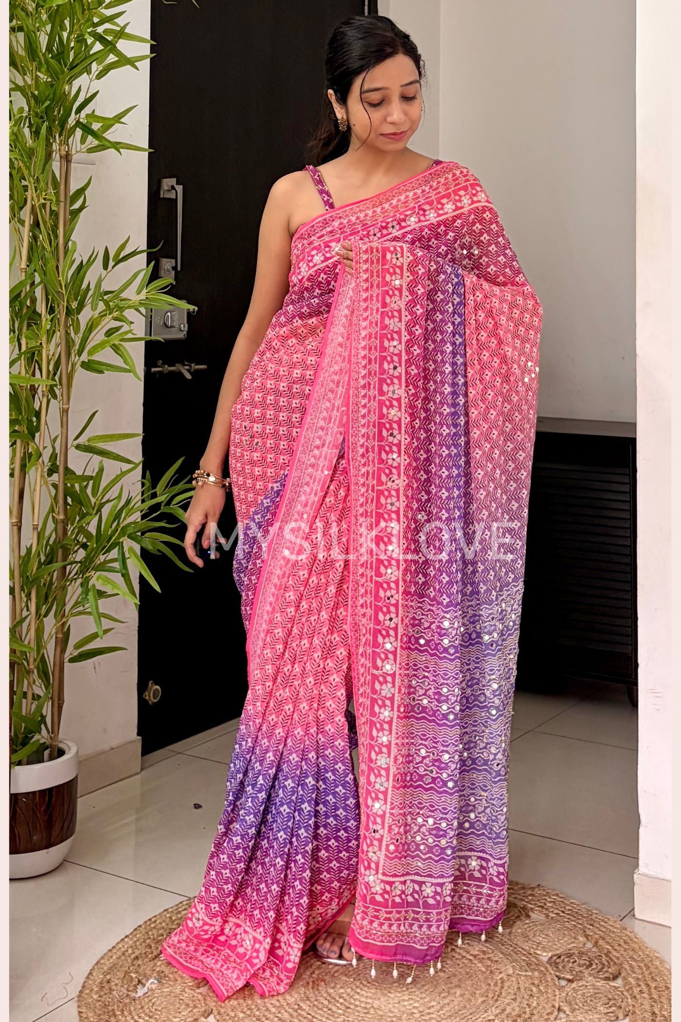 Buy MySilkLove Kareena Kapoor Inspired: Pink Ajrakh Georgette Mirror Work Saree Online