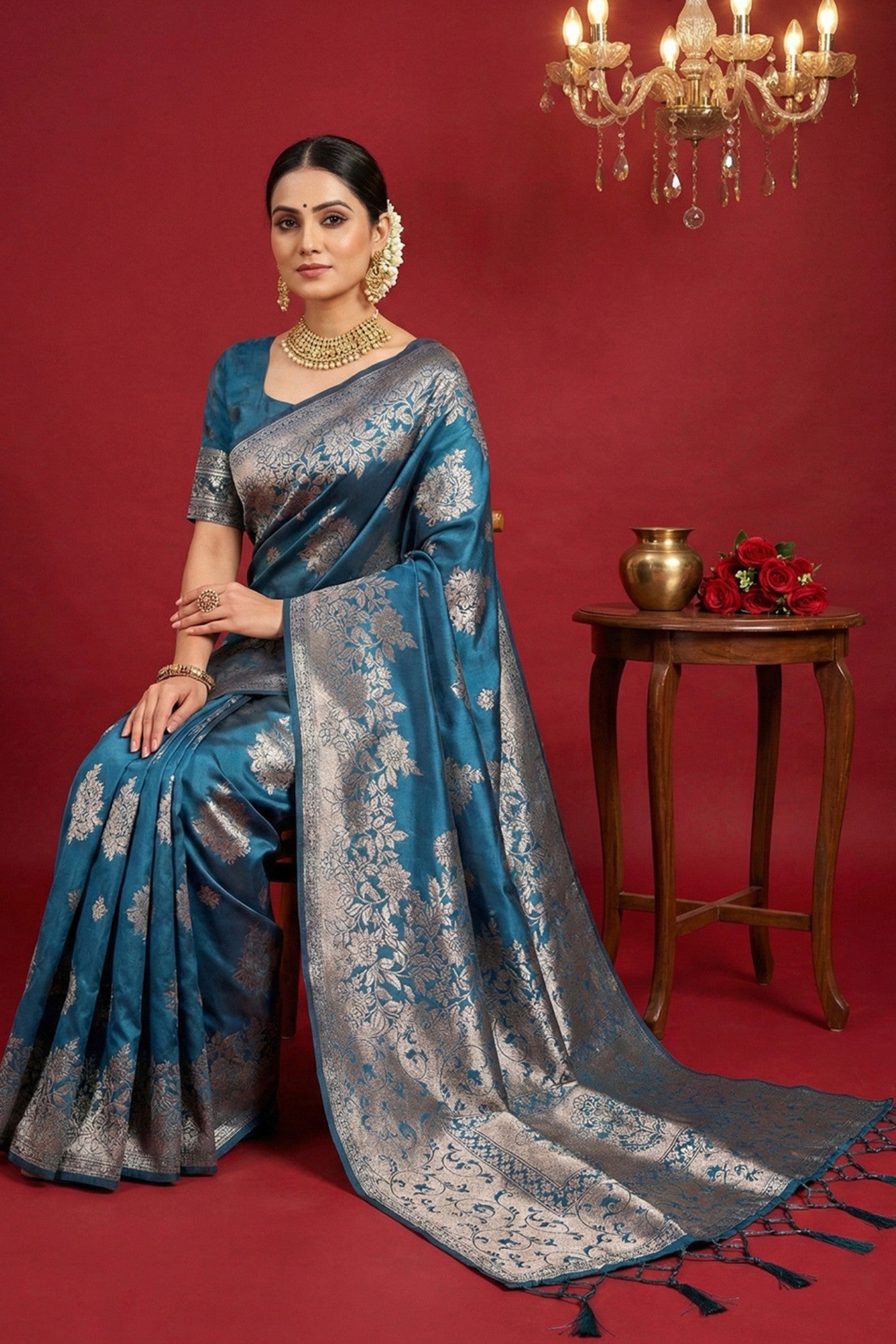 MySilkLove Steel Blue Woven Banarasi Silk Saree