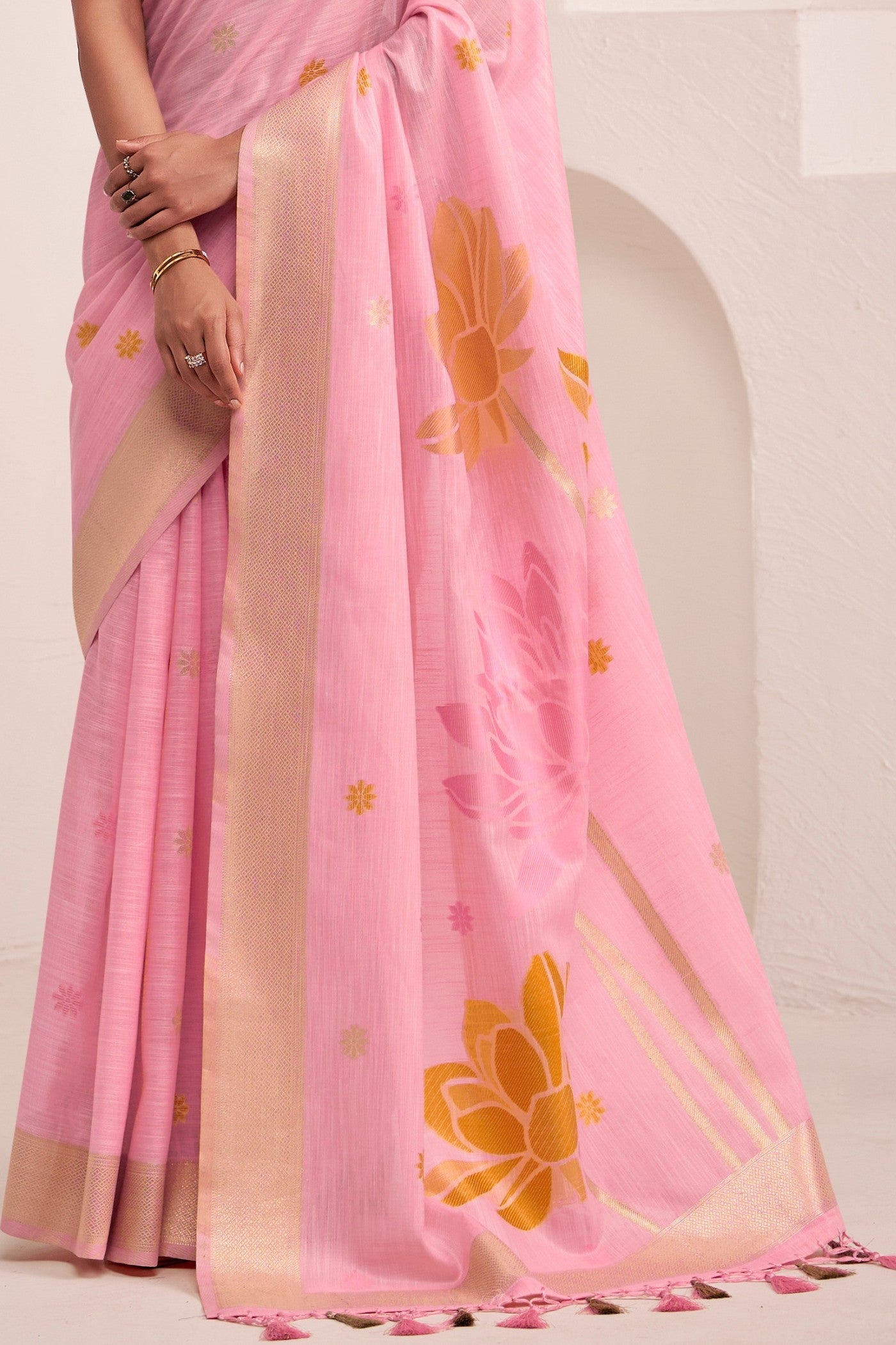 Buy MySilkLove Charm Pink Woven Linen Saree Online