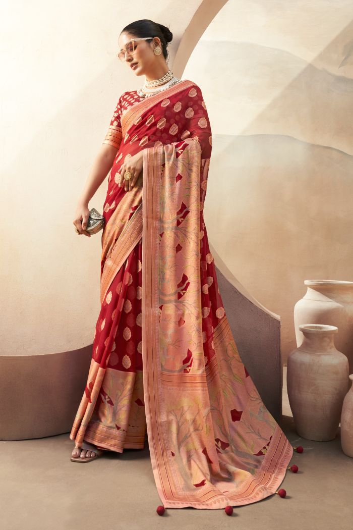 Buy MySilkLove Tall Poppy Red Woven Georgette saree Online