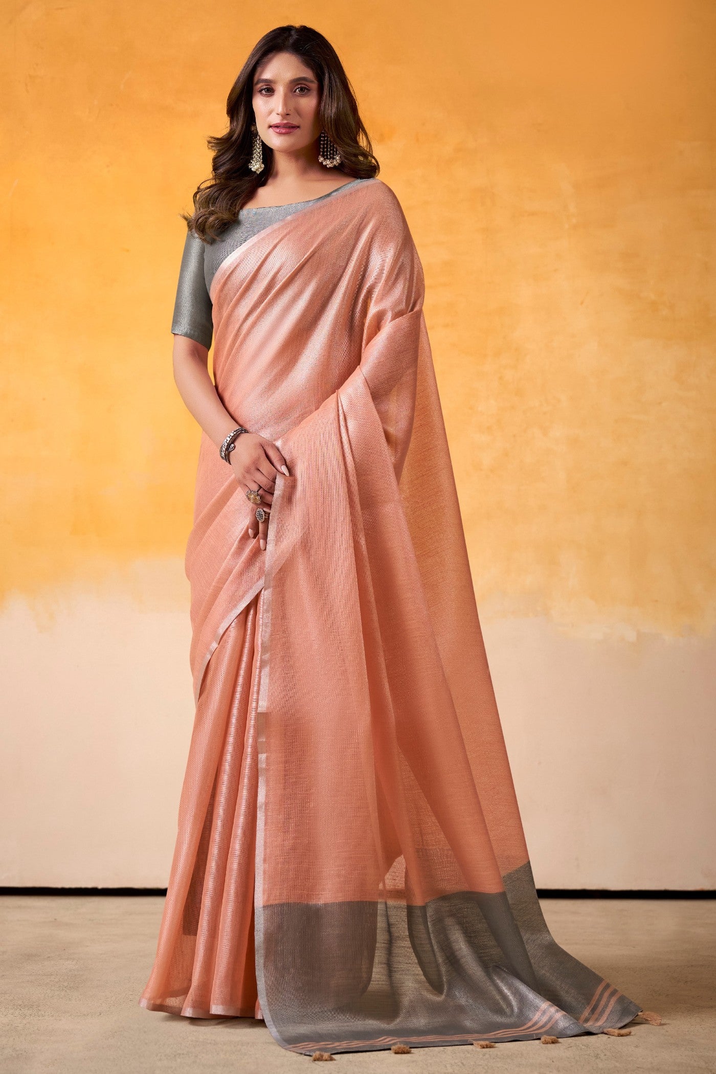 Buy MySilkLove Rustic Peach and Grey Woven Tissue Silk Saree Online