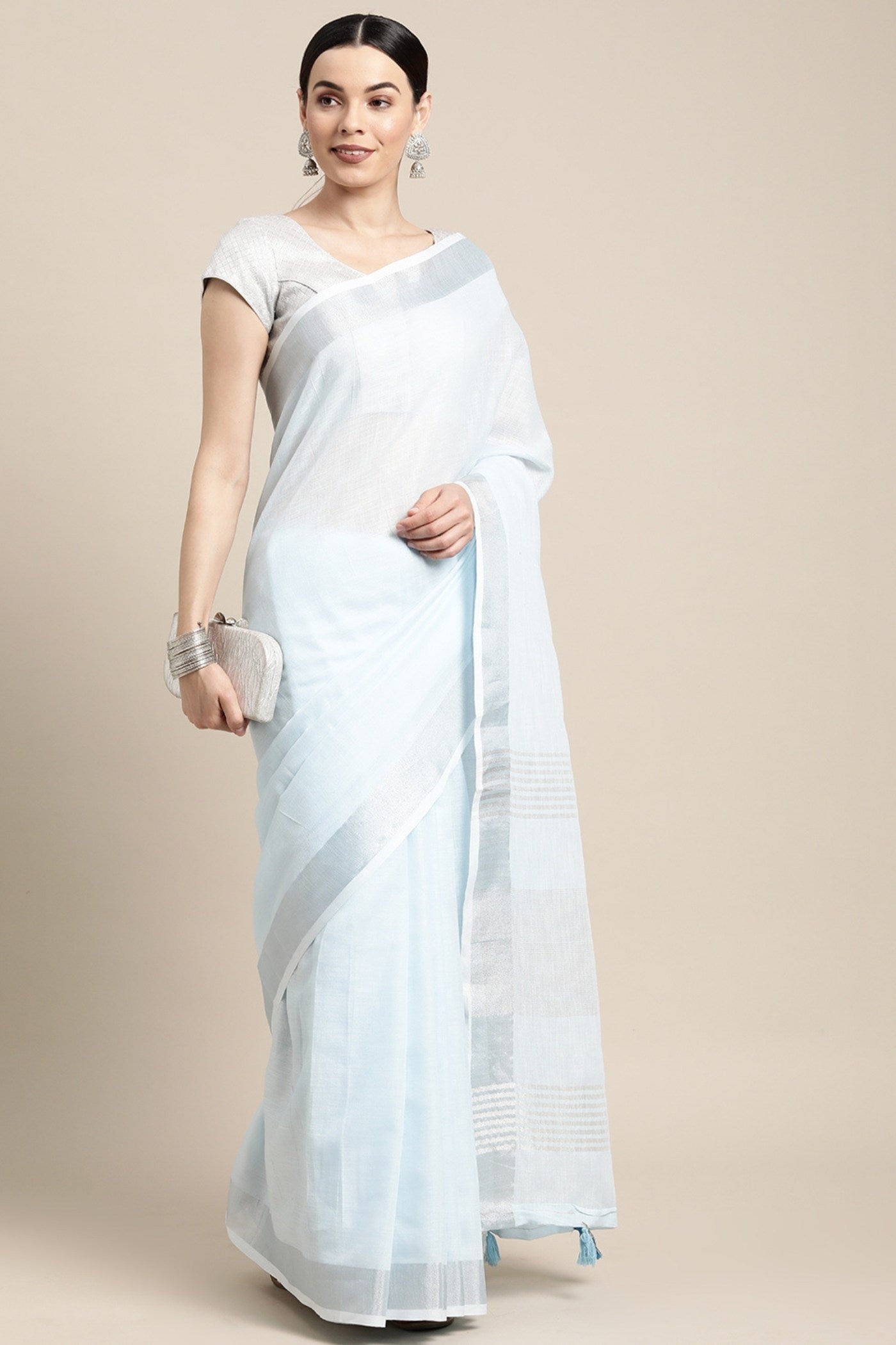 MySilkLove Powder Blue Woven Linen Cotton Saree