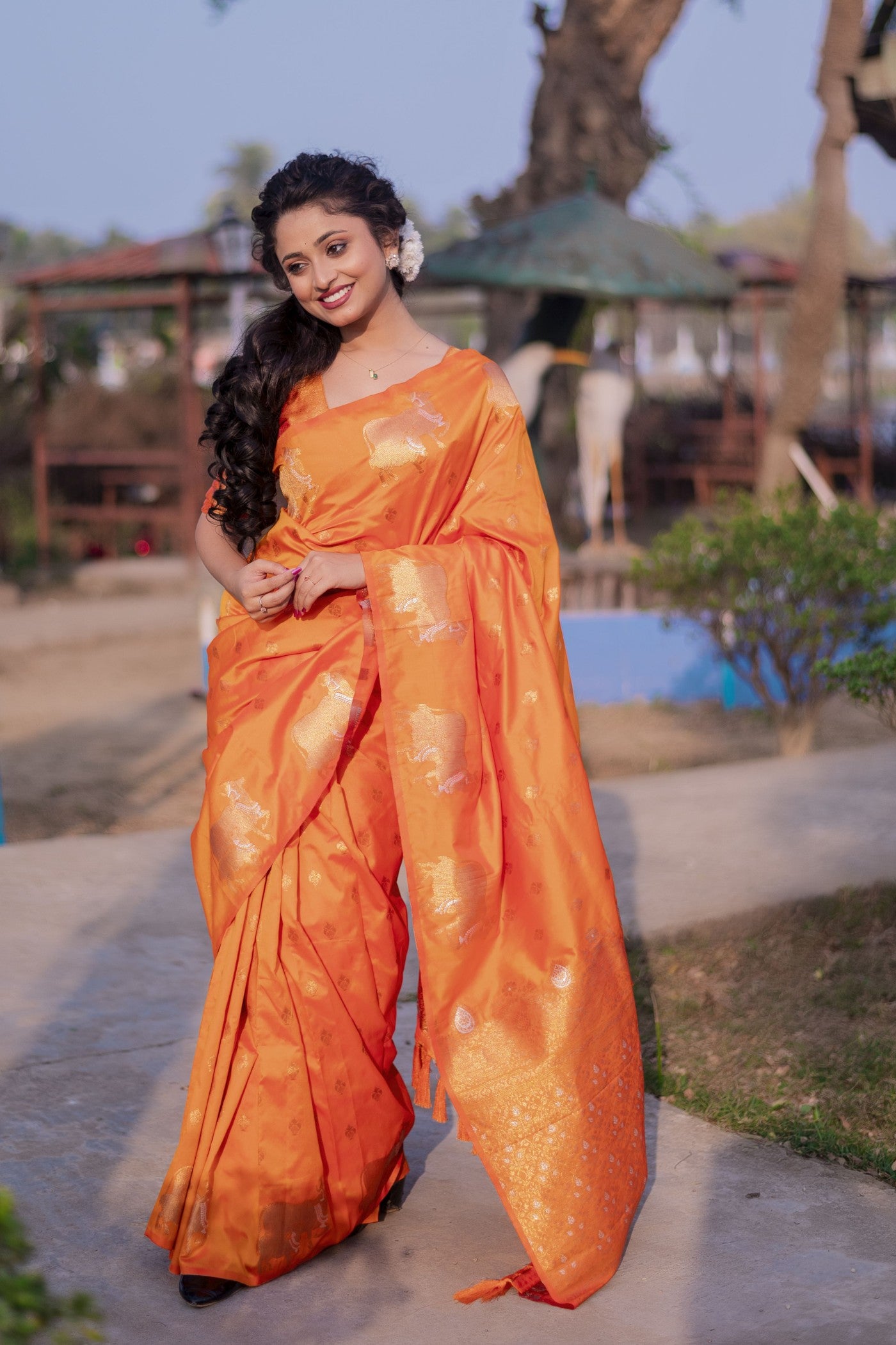 Buy MySilkLove Fulvous Orange Woven Banarasi Saree Online