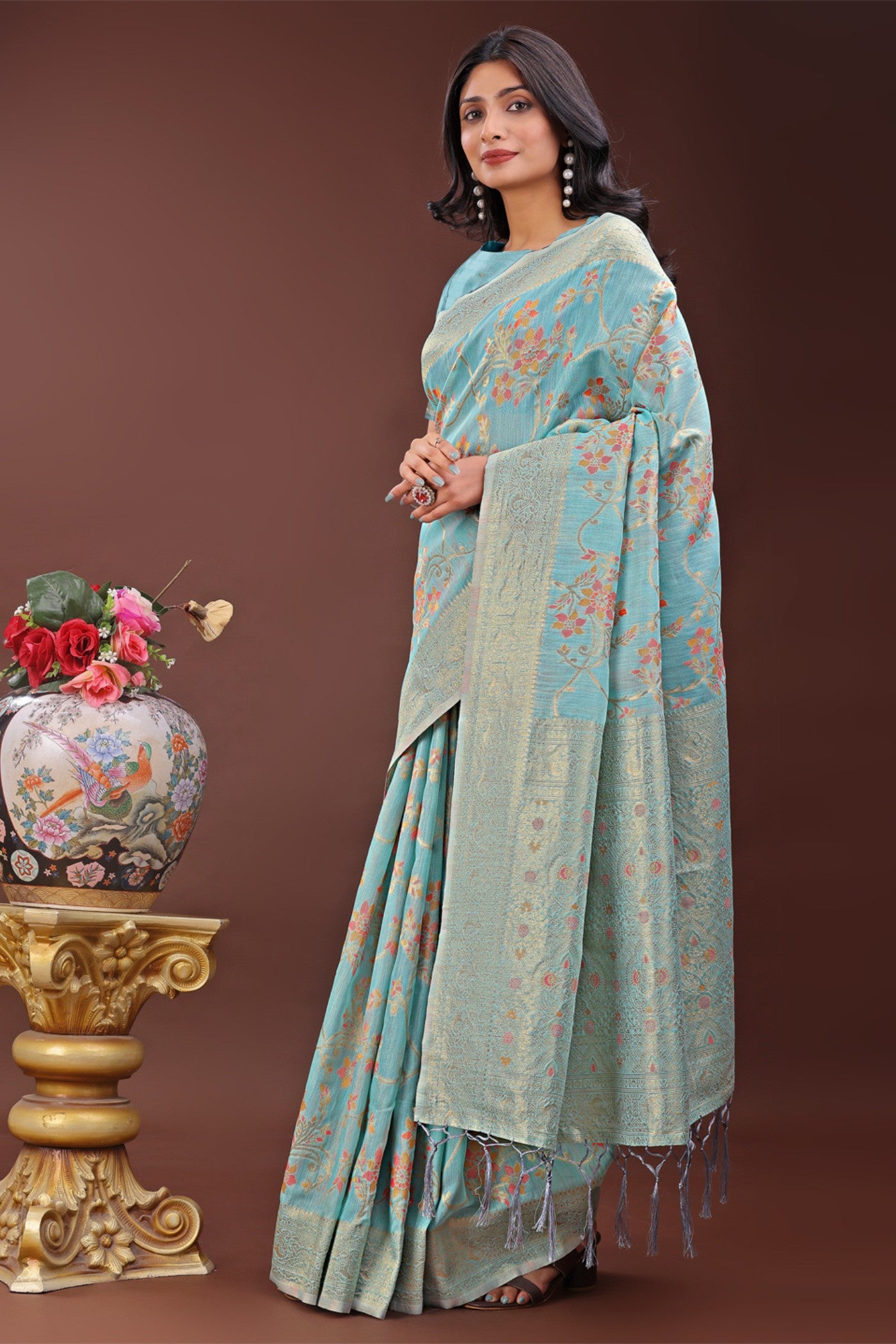 MySilkLove Cadet Blue Linen Cotton Saree