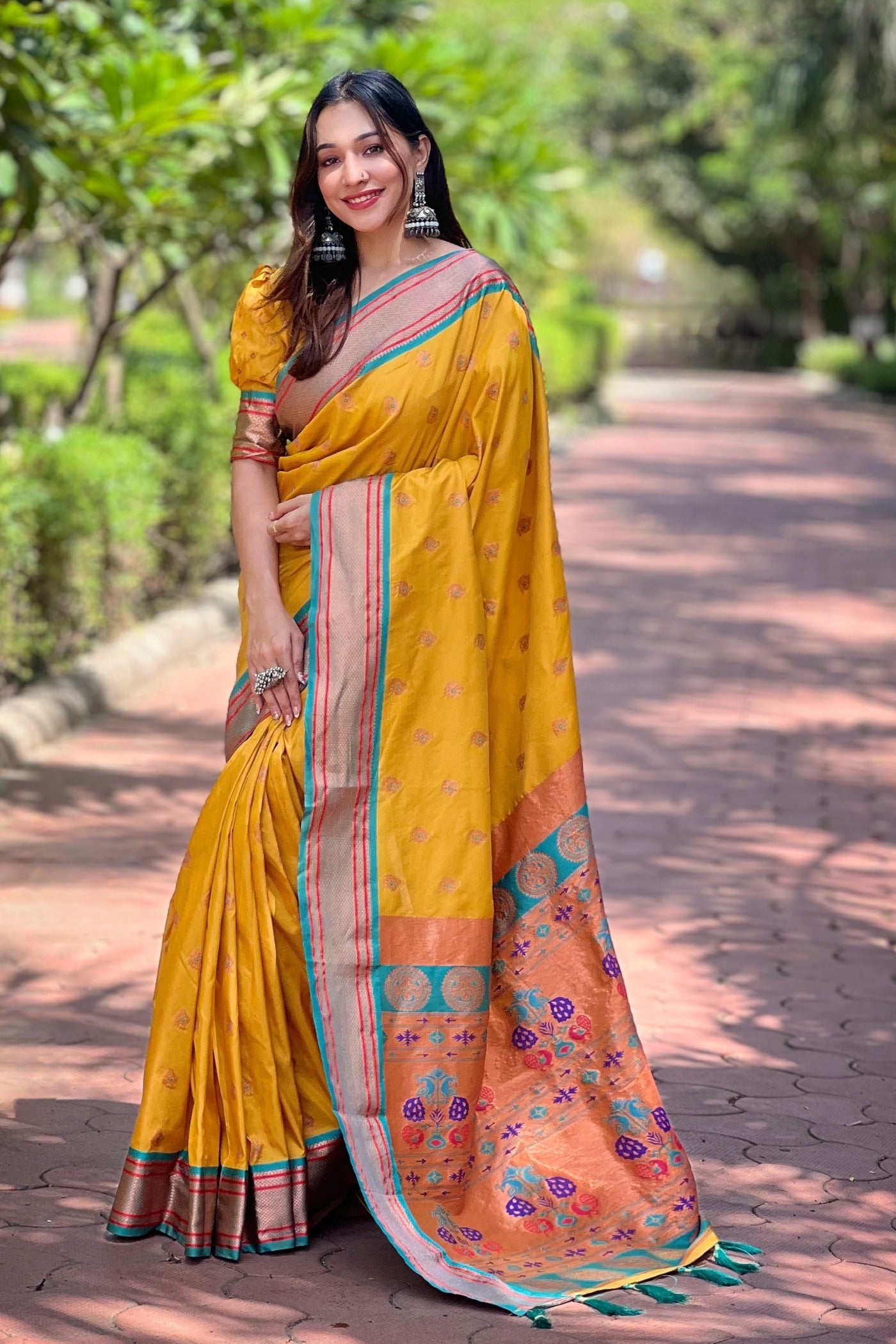 Buy MySilkLove Pizza Yellow Woven Paithani Saree Online