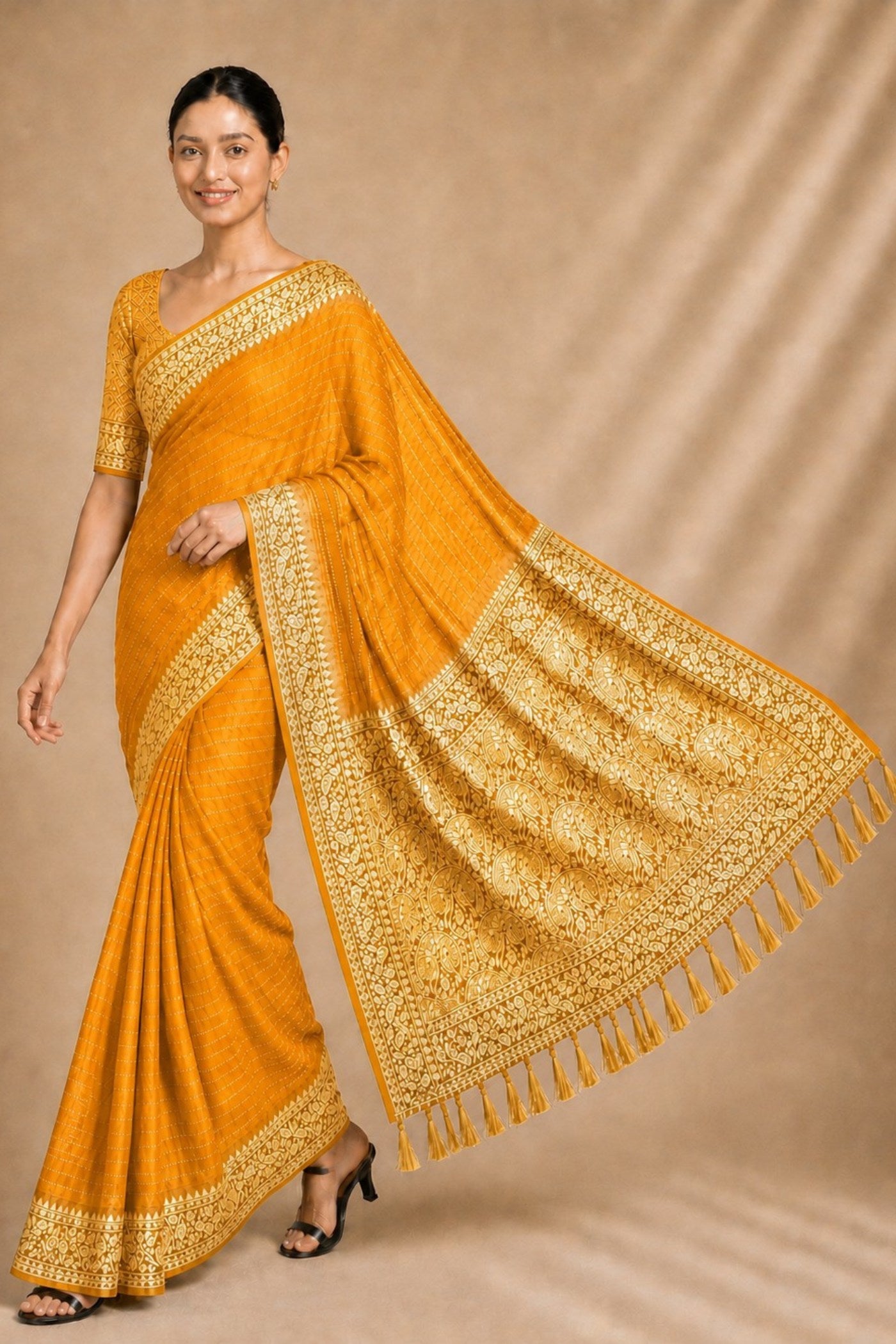 Buy MySilkLove Marigold Yellow Woven Chiffon Saree Online