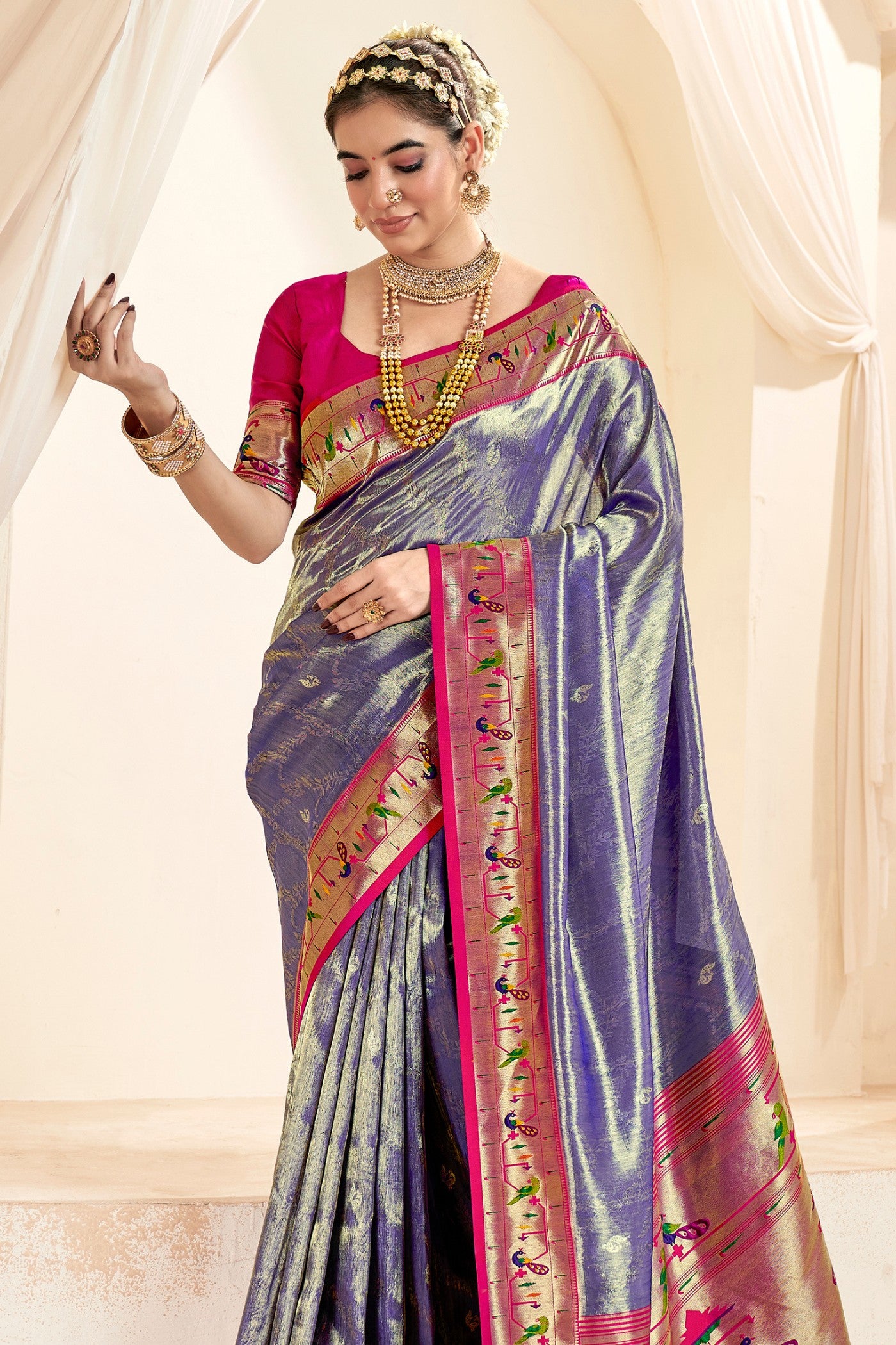 Buy MySilkLove Storm Blue Zari Woven Paithani Tissue Saree Online