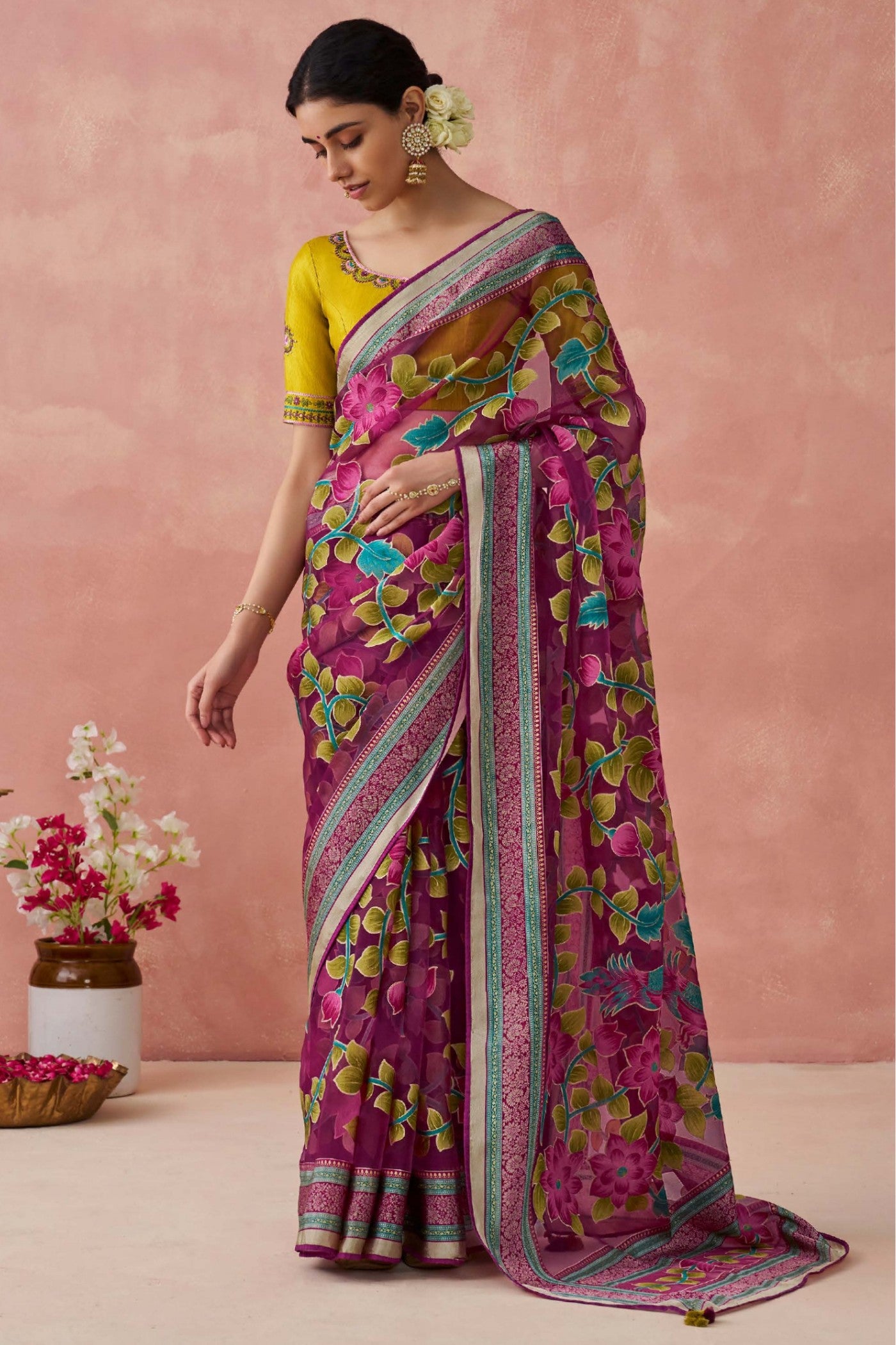 Buy MySilkLove Heath Maroon Brasso Organza Printed Saree Online