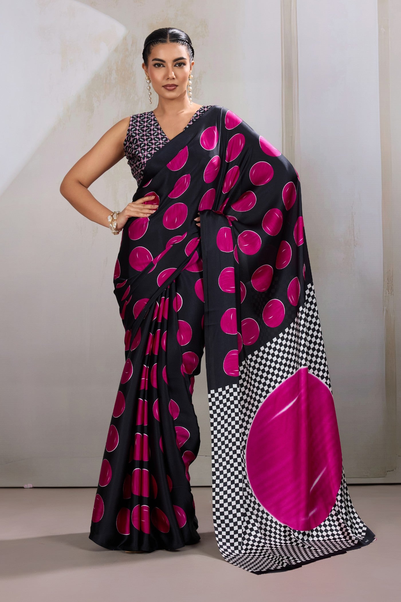 Buy MySilkLove Bubblegum Pink Printed Polka Dots Satin Crepe Saree Online