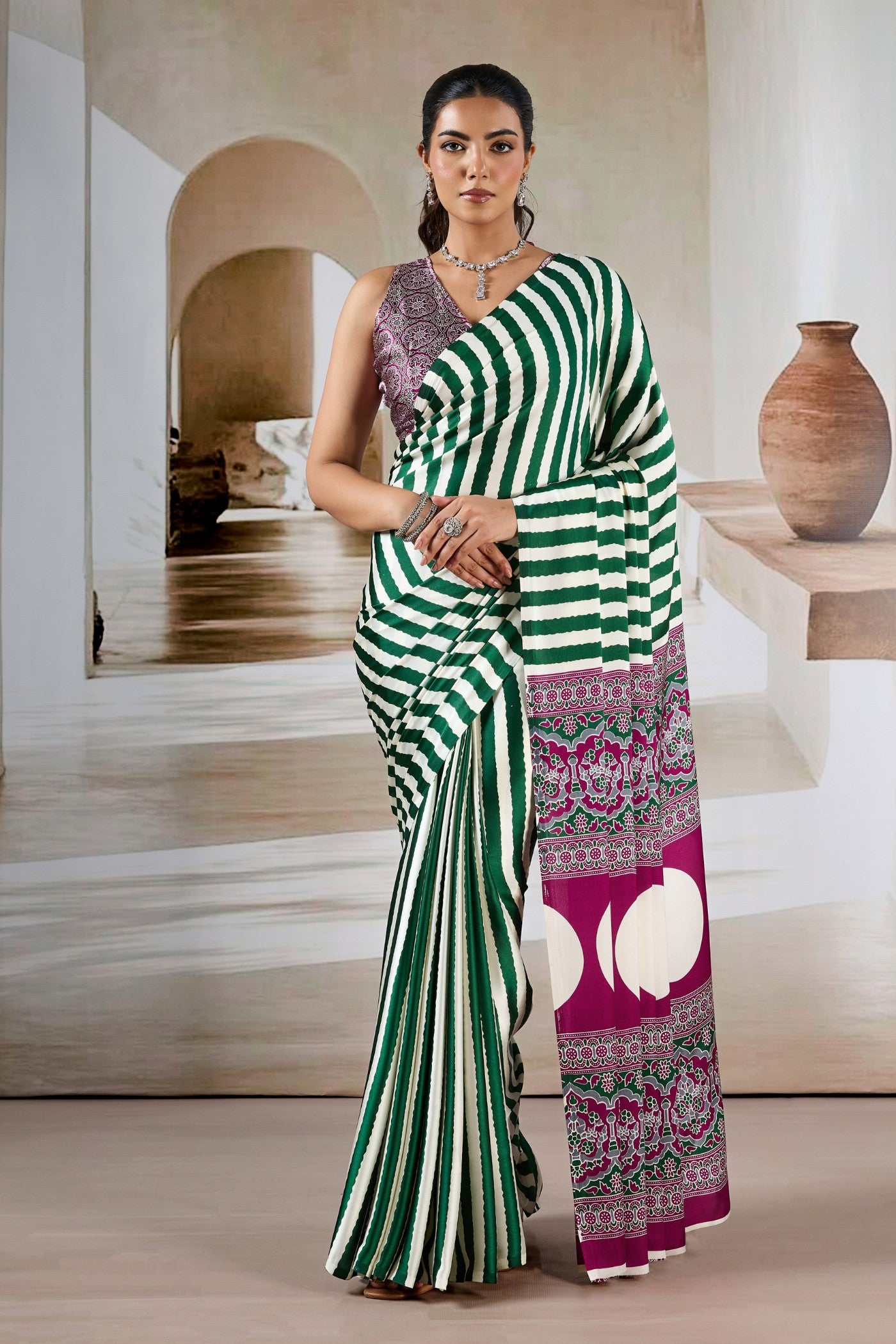 Buy MySilkLove Meadow Green Stripe Ajrakh Printed Satin Crepe Silk Saree Online