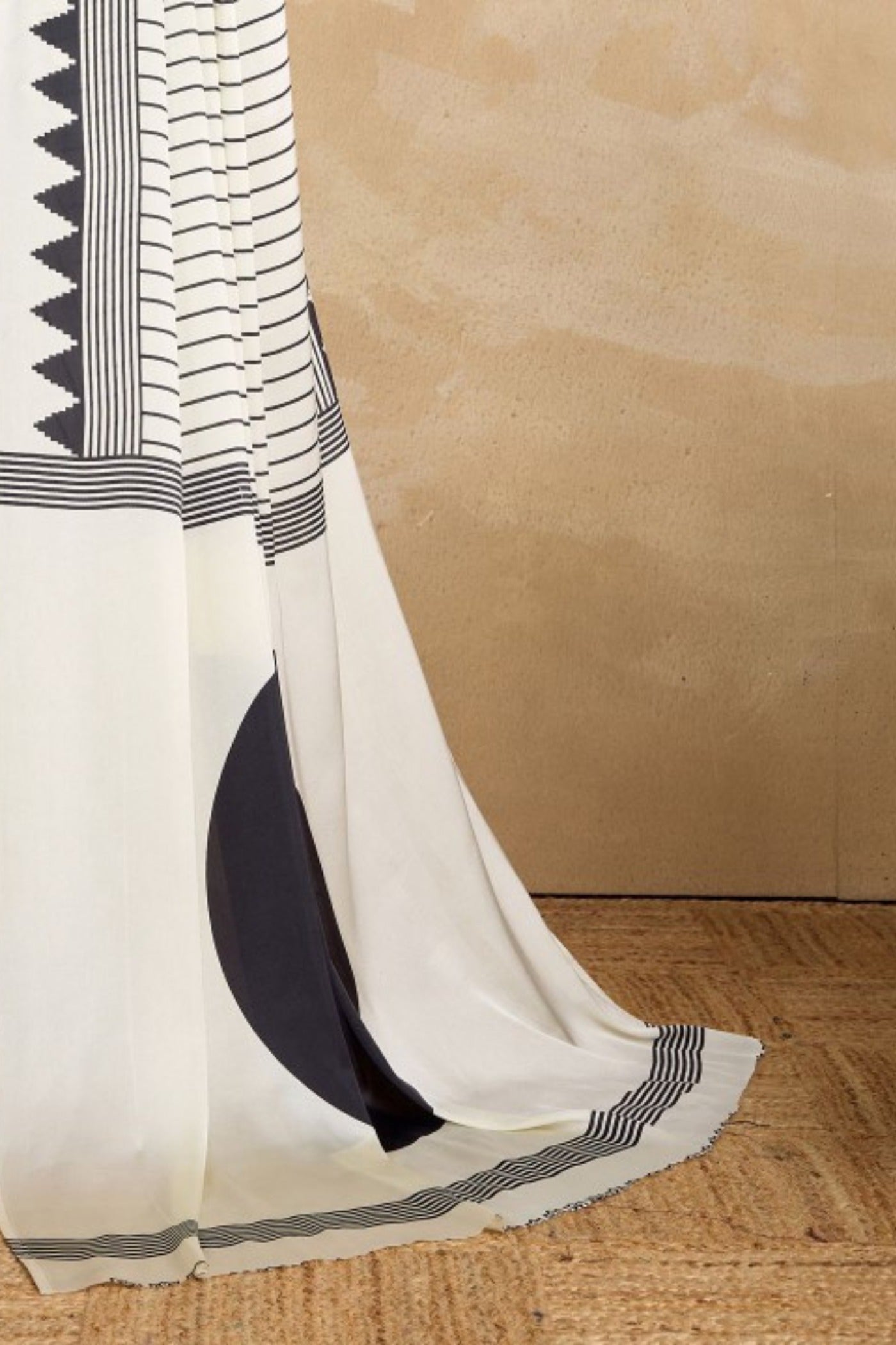 Buy MySilkLove Zebra White Ajrakh Printed Satin Crepe Silk Saree Online