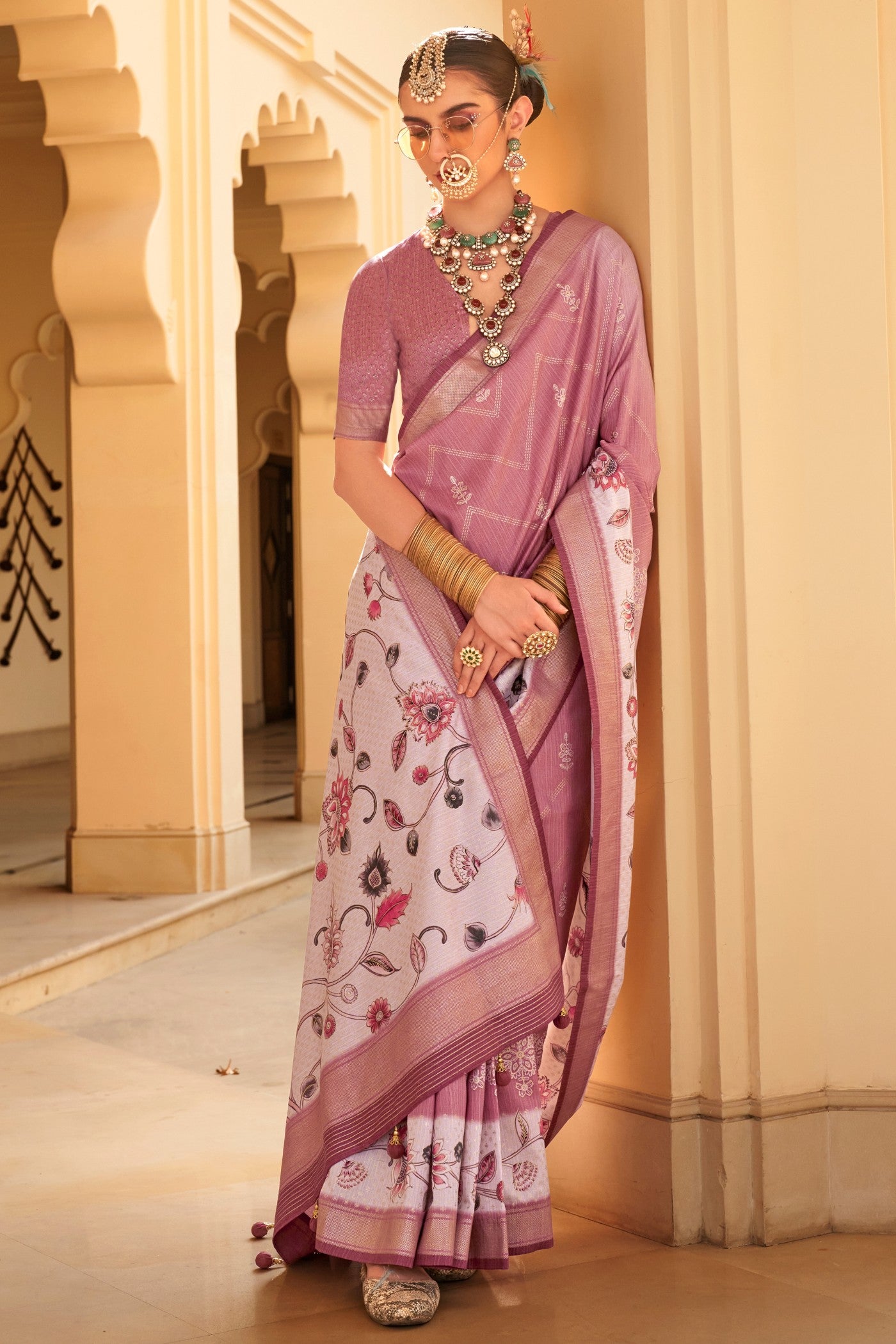 Buy MySilkLove Mauvelous Pink Floral Printed Banarasi Saree Online