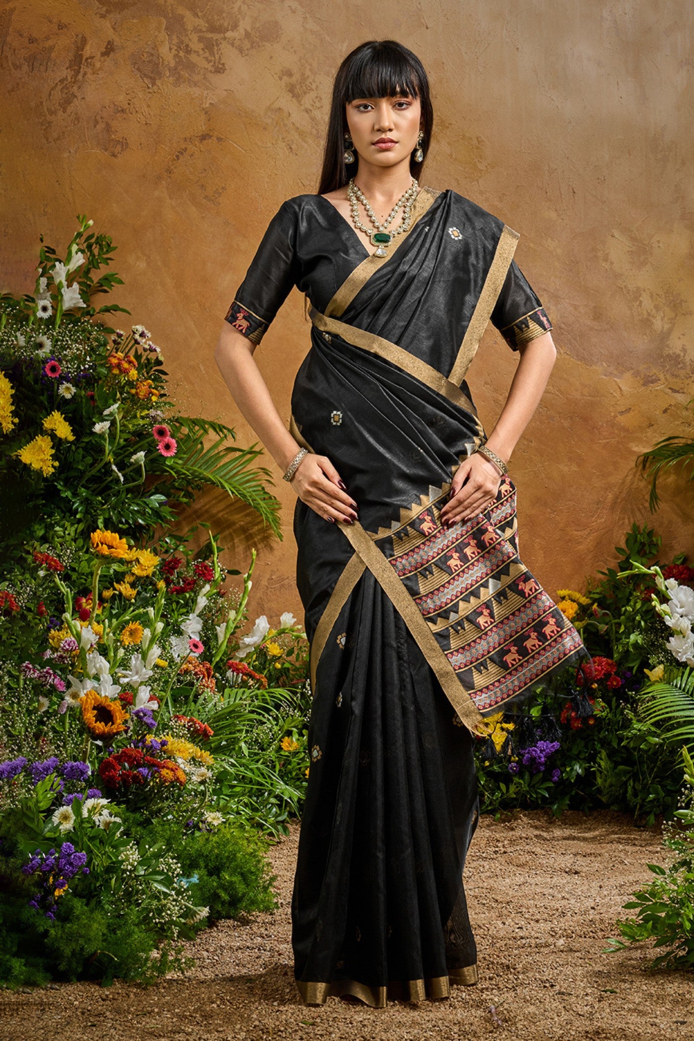 Buy MySilkLove Jade Black Tussar Handloom Silk Saree Online