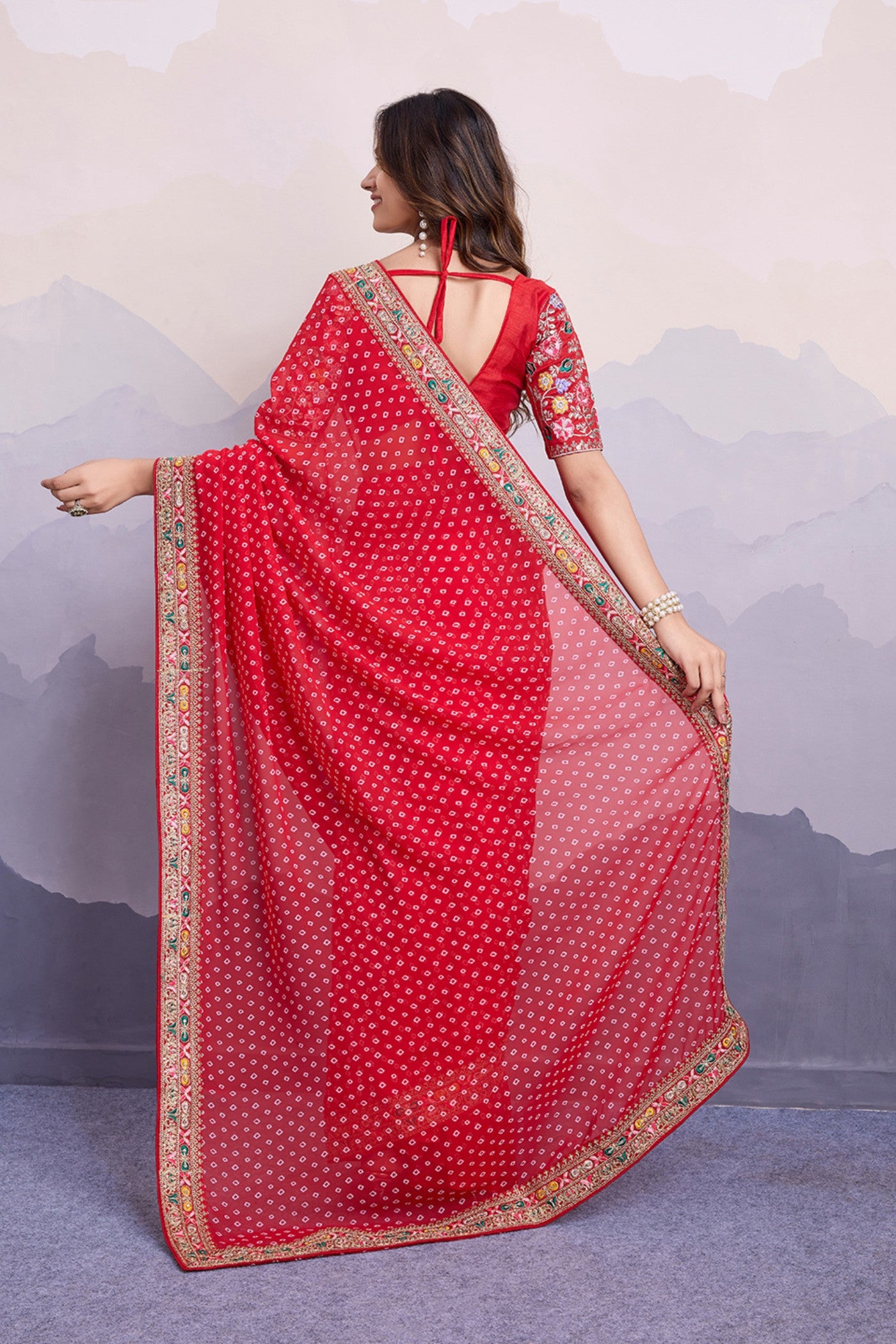 Buy MySilkLove Rusty Red Bandhani Georgette Printed Partywear Saree Online