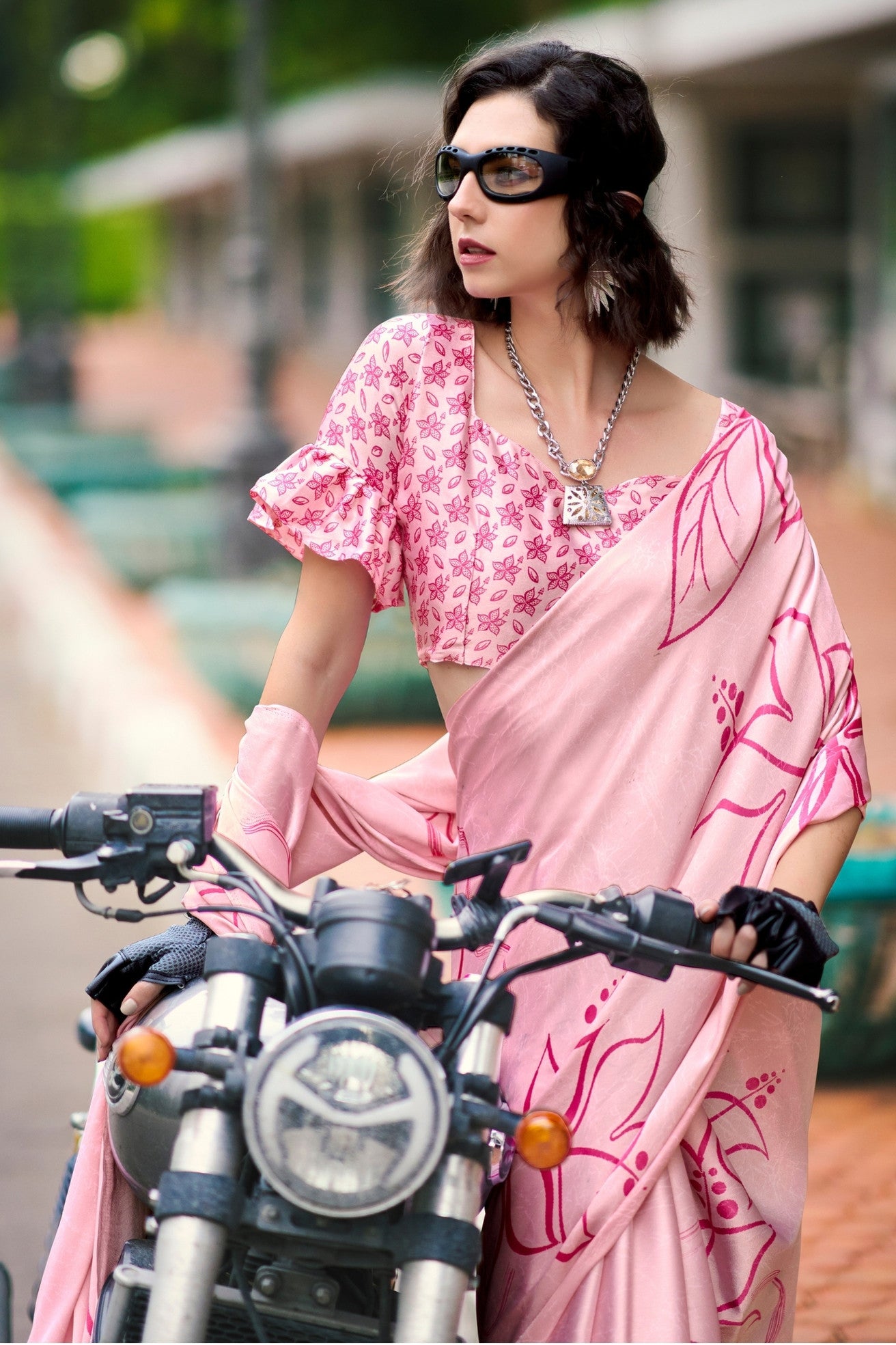 Buy MySilkLove Baby Pink Printed Satin Crepe Saree Online