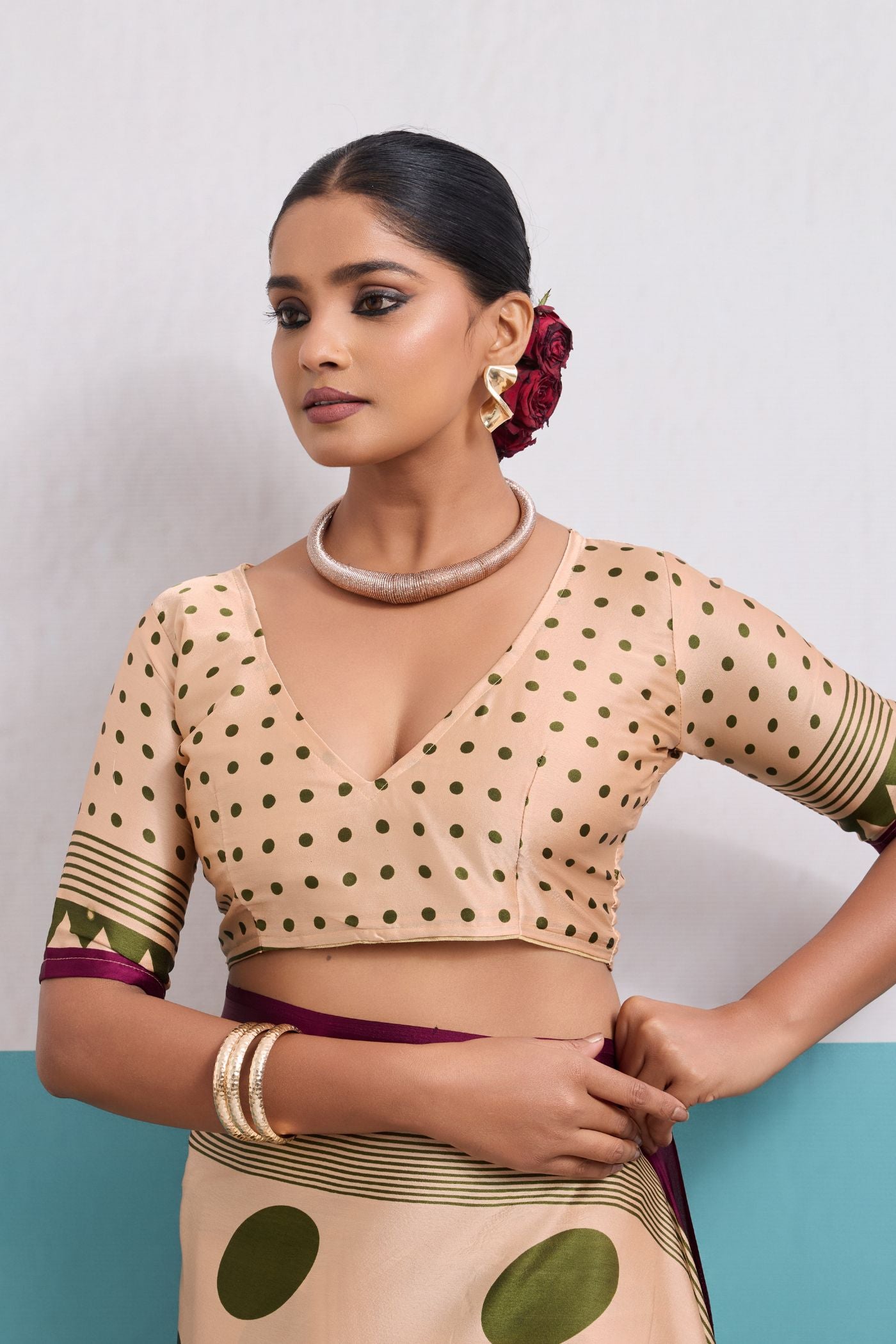 Buy MySilkLove Frosted Cream and Green Polka Dots Satin Crepe Saree Online