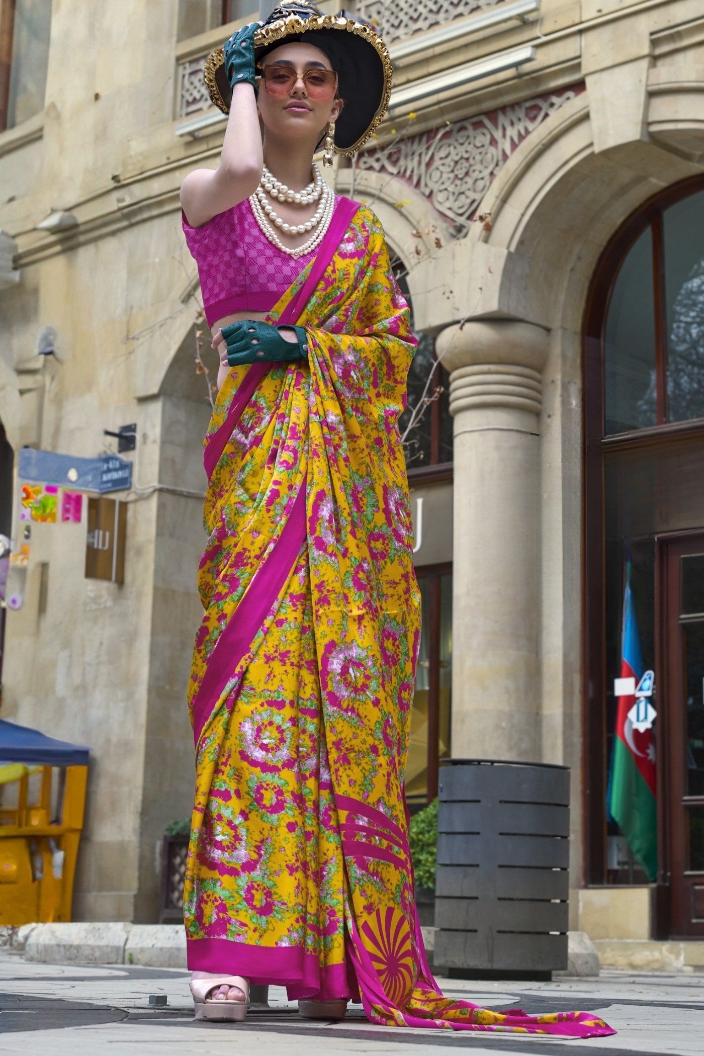 Buy MySilkLove Dijon Yellow and Pink Printed Satin Crepe Silk Saree Online